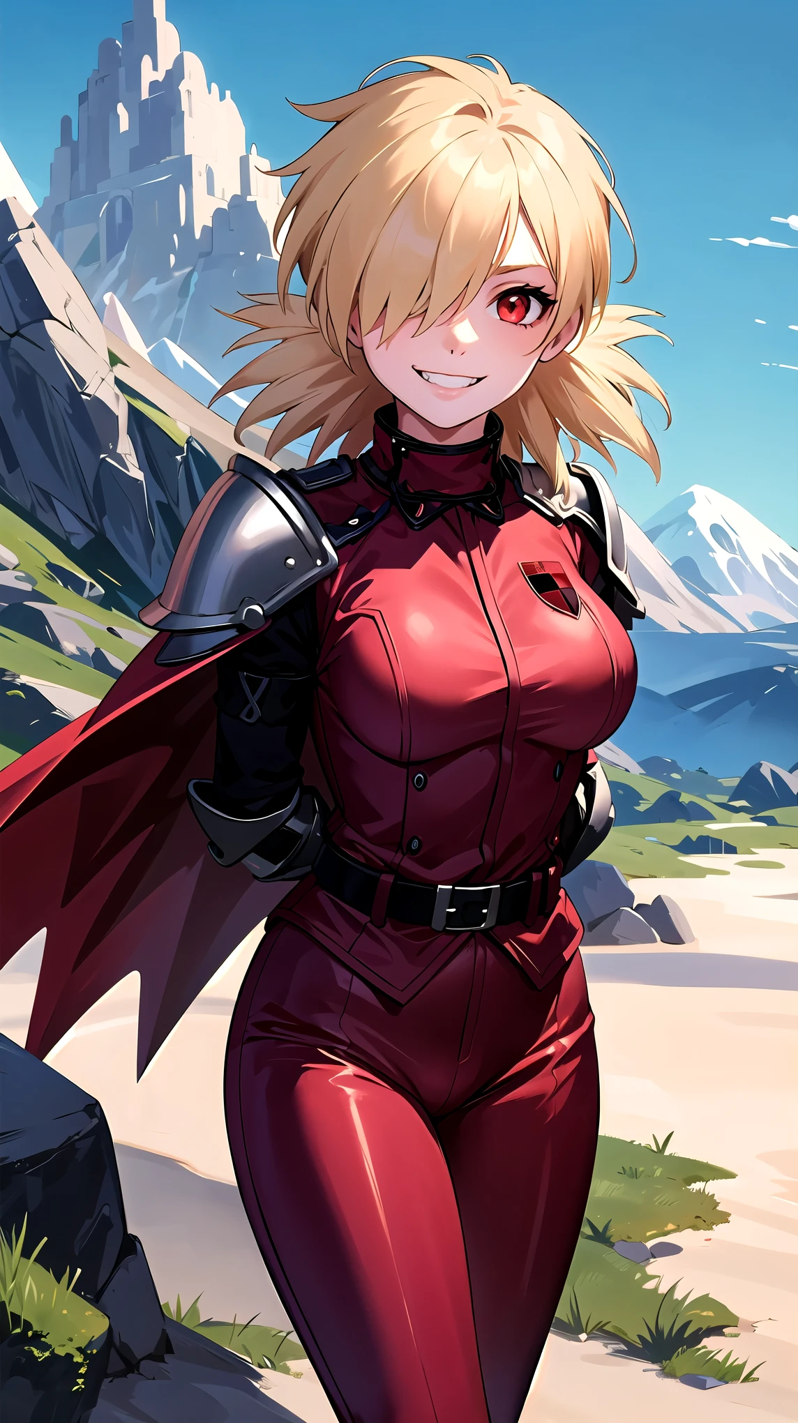 (masterpiece, best quality, detailed), 1girl, solo, seras victoria, hair over one eye, looking at viewer, 
armor, breastplate, armored dress, cape, gauntlets, shoulder armor, bodysuit, outdoors, mountain, castle, fantasy, scenery, sky, hands behind back, smirk, red eyes