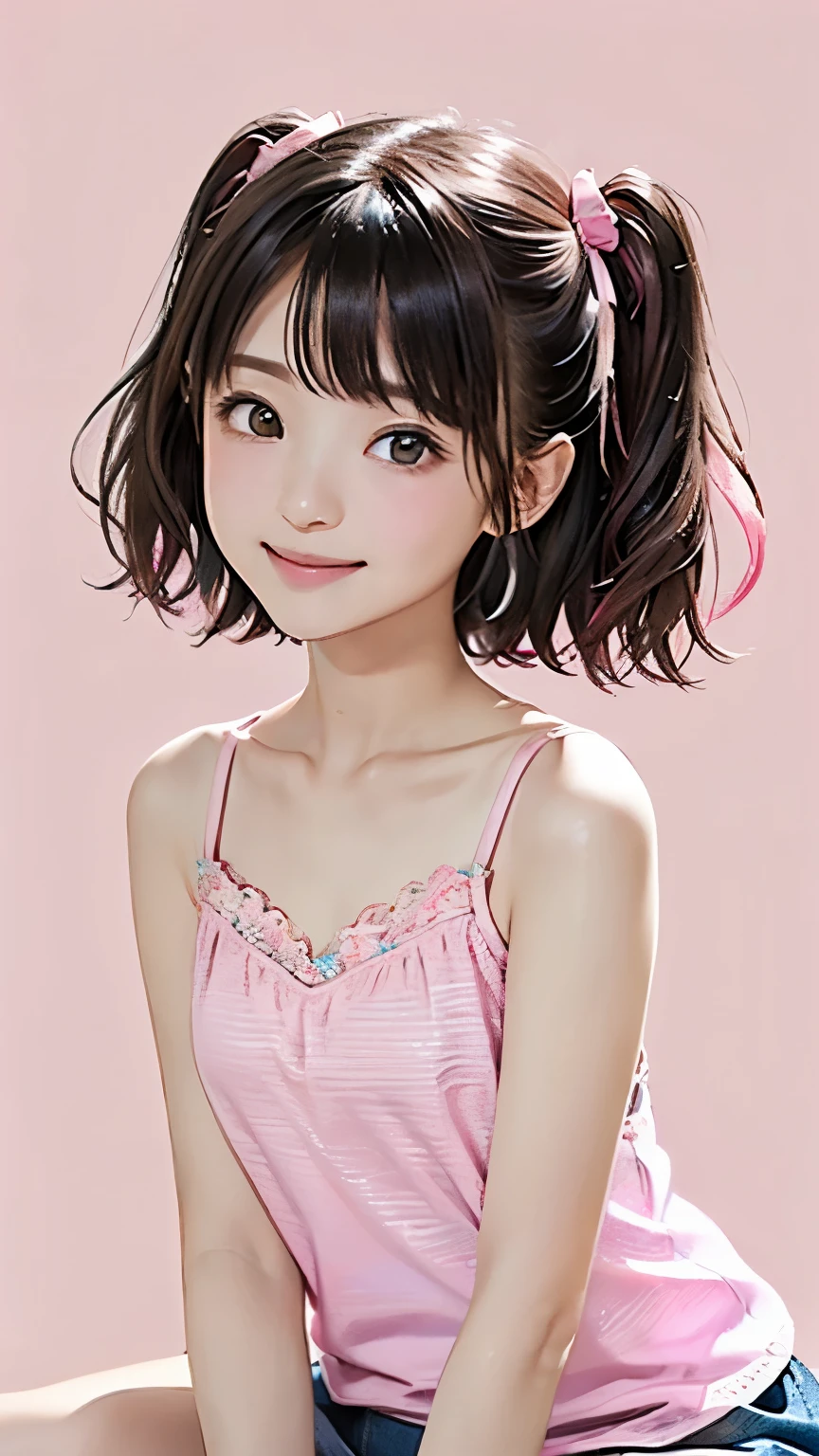 (((Masterpiece))),((top quality)),one beautiful Japanese girl,14 years old、young、bangs、wavy hair、(((two side up:1.5)))、short hair、black hair、brown eyes、droopy eyes、smile、(The background is plain)、mini skirt、(pink camisole:1.5)、barefoot