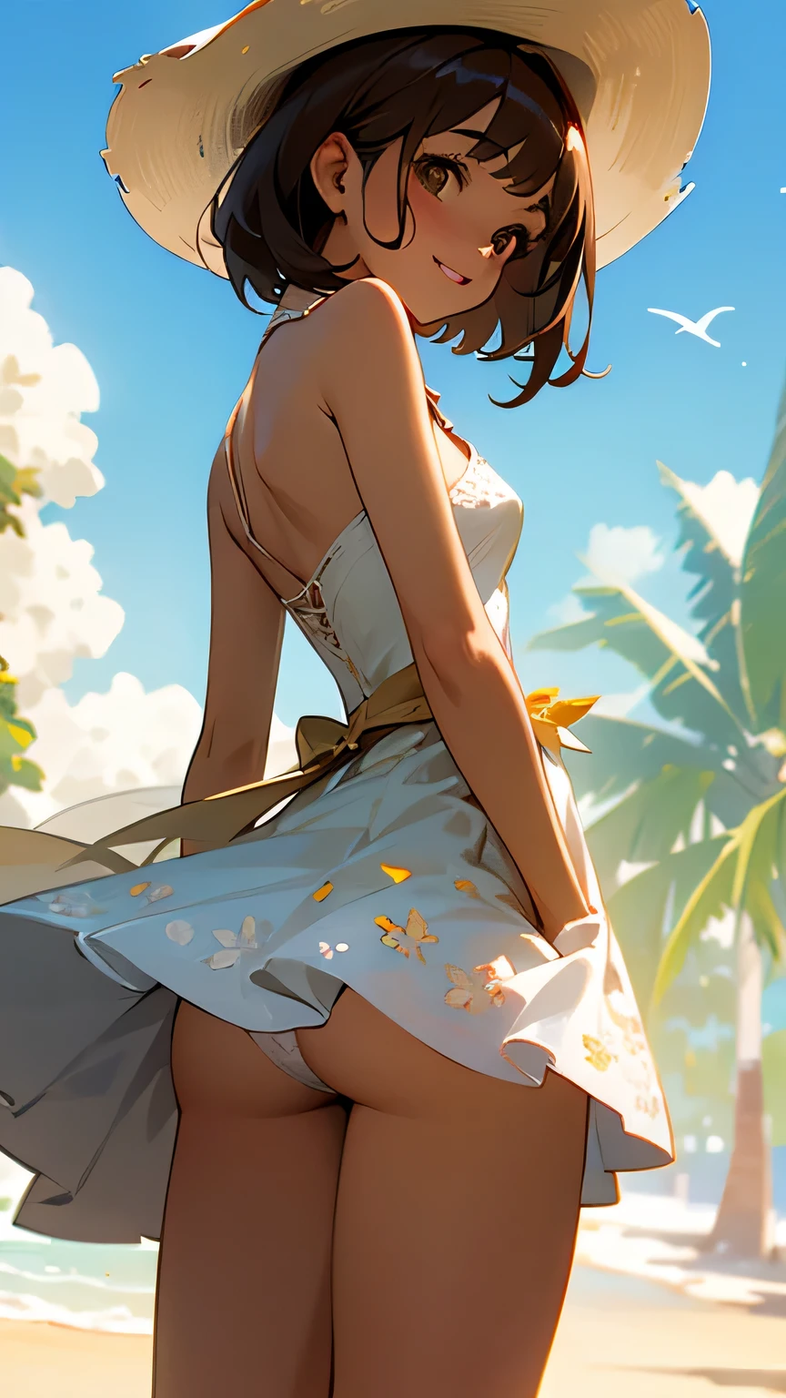 (Best quality, dynamic lighting, highly detailed, HDR) Brown haired young woman, mature, beautiful, bob hair, brown eyes, slim, medium-small breasts, white floral summer dress, upskirt, panties, butt, from behind, from below, summer hat, bare shoulder, cleavage, sleeveless, smiling, beach background.