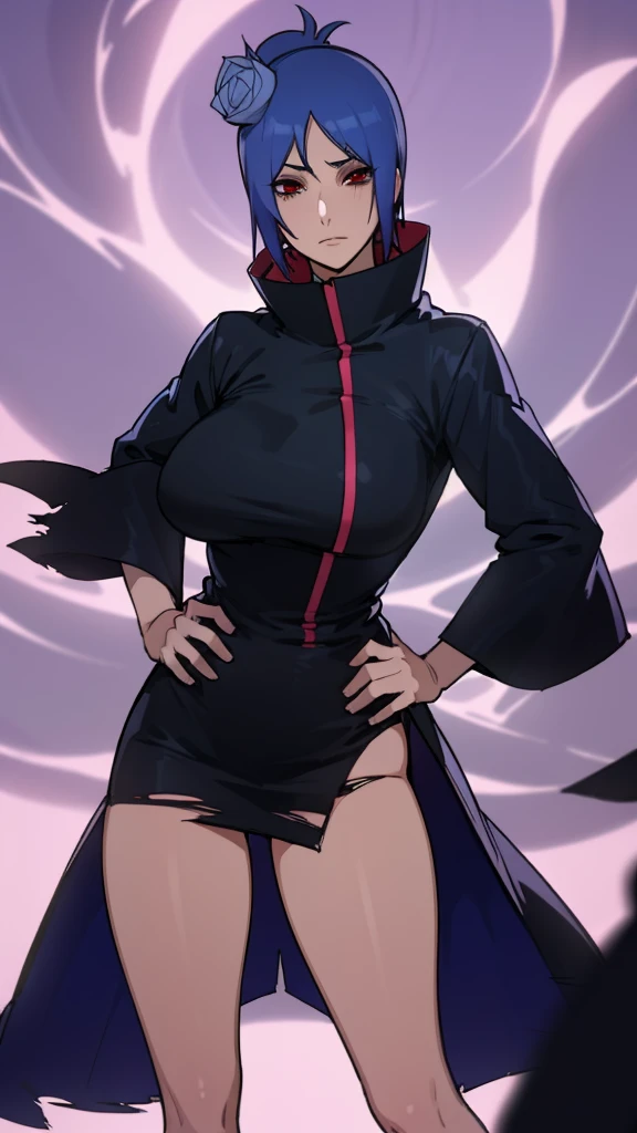 Konan, blue hair, red eyes, big breasts, akatsuki cloak, (torn clothes: 1.2), looking at the viewer, sexy, anatomically correct, detailed eyes, detailed face, standing, underwear visible