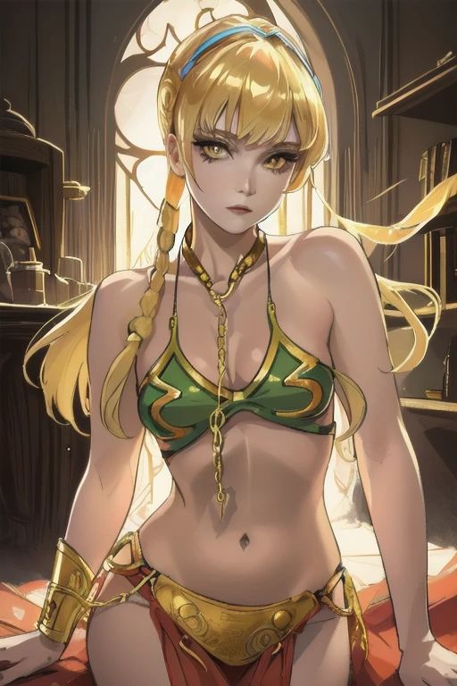 (Stella), (blonde hair, yellow eyes, bangs), slender, CONCEPT_princess_leia_gold_bikini_ownwaifu,www.ownwaifu.com, pelvic curtain, cleavage, loincloth, armlet, bikini armor, collar, bracelet, bikini, gold chain, cosplay, alternate costume, indoors, dungeon,, (masterpiece:1.2), (upper body shot:1),(Cowboy-shot:1.2), neon lighting, dark romantic lighting, (highly detailed:1.2),(detailed face:1.2), (gradients), colorful, detailed eyes, (natural lighting:1.2), (dynamic pose:1.2), (solo, one person, 1girl:1.5),