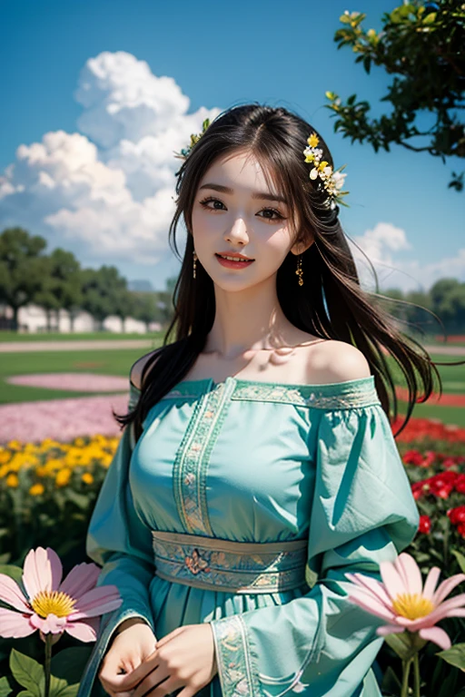 mksks, masterpiece, highest quality, figure, close, Frank, face focus, smile, colorful, flowers, green sky, cloud sky, girl with beautiful eyes,