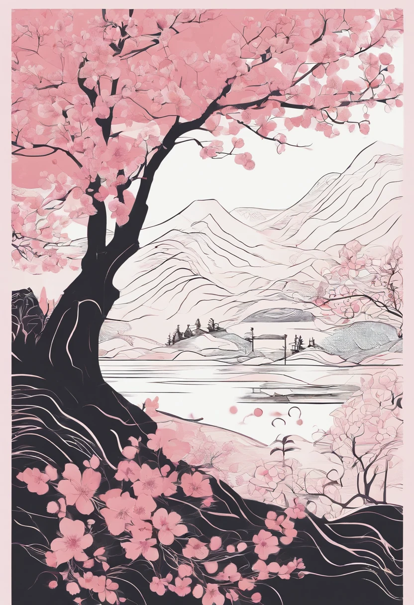 cherry blossoms、Wind景、simple、stylish、sun、Gradation、Light、color、Wave、hills、abstract、detailed、delicate、petal、Wind、pink、Calm、fantasy。