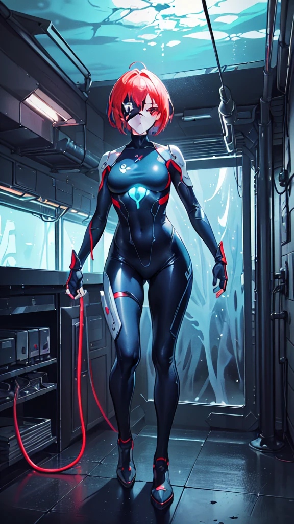 masterpiece, best quality, masterpiece, best quality, finely detail, beautiful detailed eyes, ultra detailed, extremely beautiful CG, super detailed skin, best quality, intricate, {{high quality}}, extra colors, 2D, megapixel, perfectionism, accent lighting, full HD, 4K, villain, dark heroine, 1girl, full body, 1girl, solo female, mature female, full body, contrapposto, resident evil laboratory, metal gear solid v, metroid underwater level, collarbone, red hair, red eyes, short hair, beautiful detailed eyes, weird red hair, short red hair, evil, medium_breasts, best quality, beautifully detailed face, ray tracing, DOF,HDR, thighhighs, fingerless_gloves, skintight clothe, fully clothed, gloves, (eye patch on left eyes:1,2 ), sneaking_suit, tactical gear, tactical uniform, camouflage bodysuit, skintight bodysuit, sneaking_suit, tactical gear, full clothed, indoors, horror movie ambience, character scale for the background, underwater ambience background, science fiction background, indoor, underwater base background, glowing, underwater base, deep water, official art, water infiltration, deep water through window, Pipeline under water, science fiction laboratory, underwater science fiction laboratory background, low water level on ground, corridor, submarine interior,
