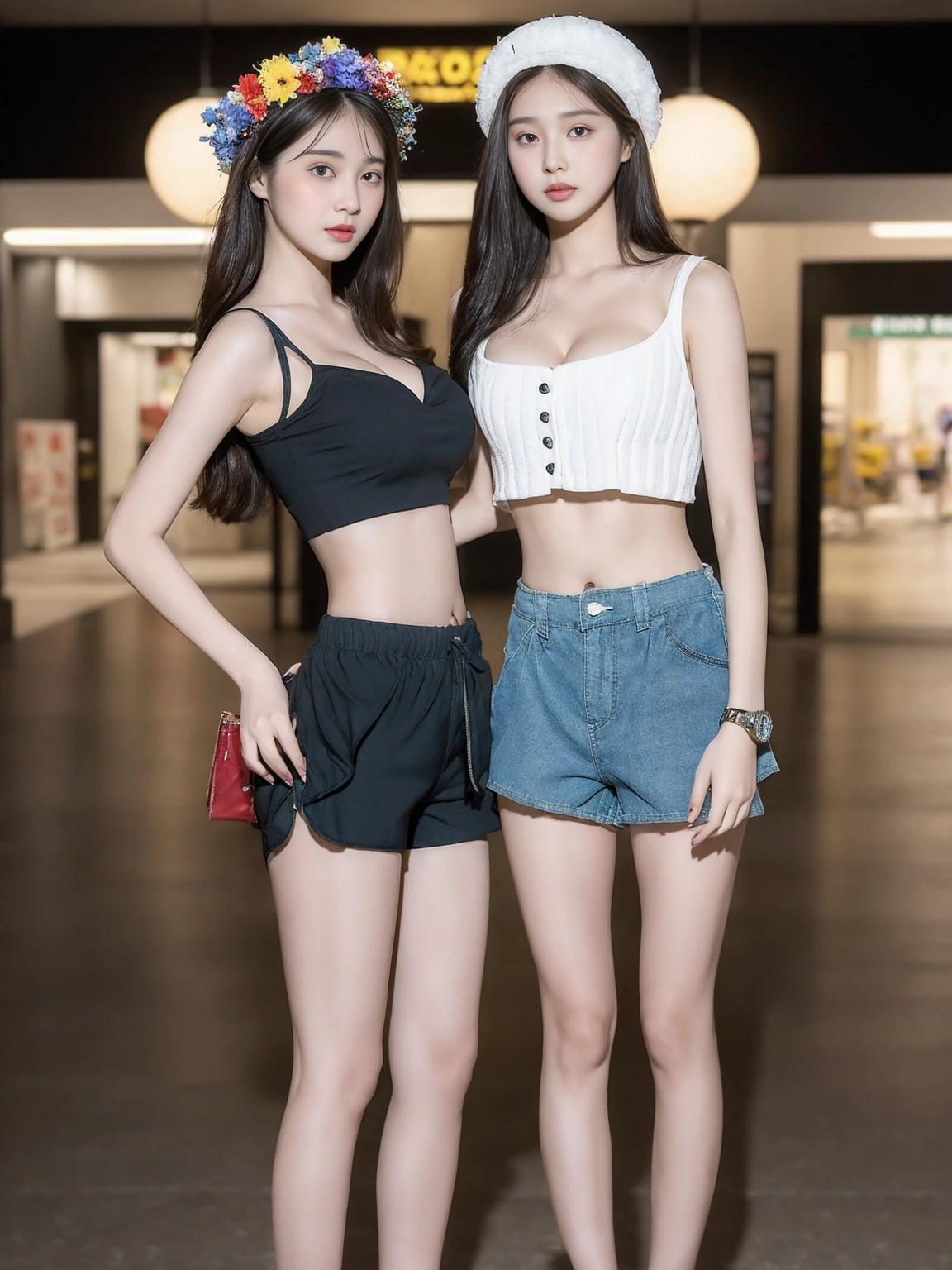 ((best quality, 8K, masterpiece: 1.3)), (flower hat: 1.3), focus: 1.2, perfect body beautiful: 1.4, buttocks: 1.2, (layered hairstyle: 1.2)), (dark street: 1.3), Highly detailed facial and skin textures, whole body, narrow eyes, double eyelids, skin whitens, long hair, (round face: 1.5), (Loose crop top, shorts: 1.6) Cleavage highlights pleated skirt reveals long legs, ((shopping center))