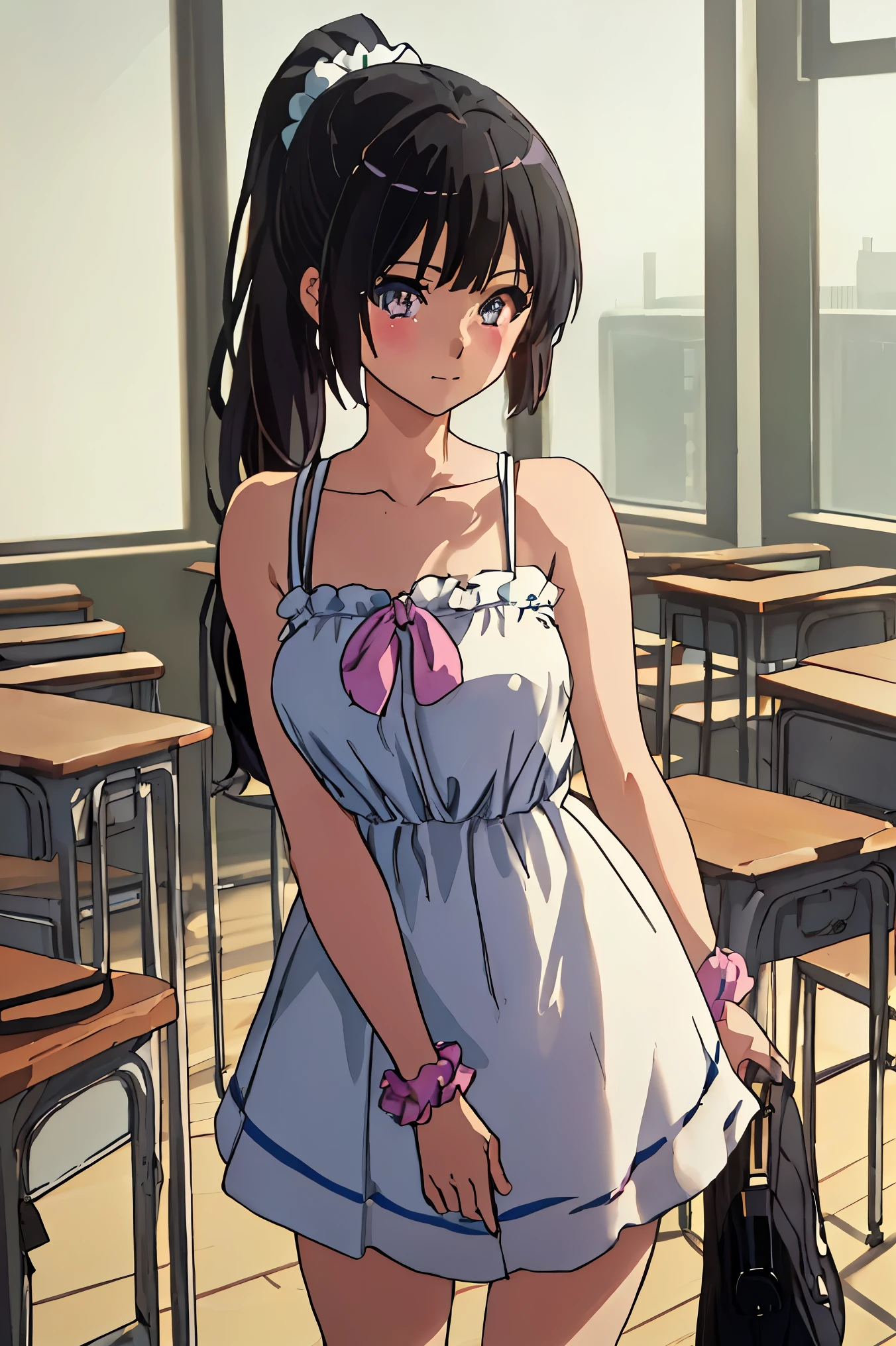 solo, {kousaka_reina_soundeuphonium:1.15}, black hair, long hair, purple eyes, blush, bangs, closed mouth, ponytail, 
BREAK (serafuku, bare shoulders, dress, sleeveless, collarbone, bag, handbag, scrunchie, sleeveless dress, 
:1.2)
BREAK  cowboy shot, light smile, arm behind back,
BREAK class room,
BREAK (masterpiece:1.2), best quality, high resolution, unity 8k wallpaper, (illustration:0.8), (beautiful detailed eyes:1.6), extremely detailed face, perfect lighting, extremely detailed CG, (perfect hands, perfect anatomy),