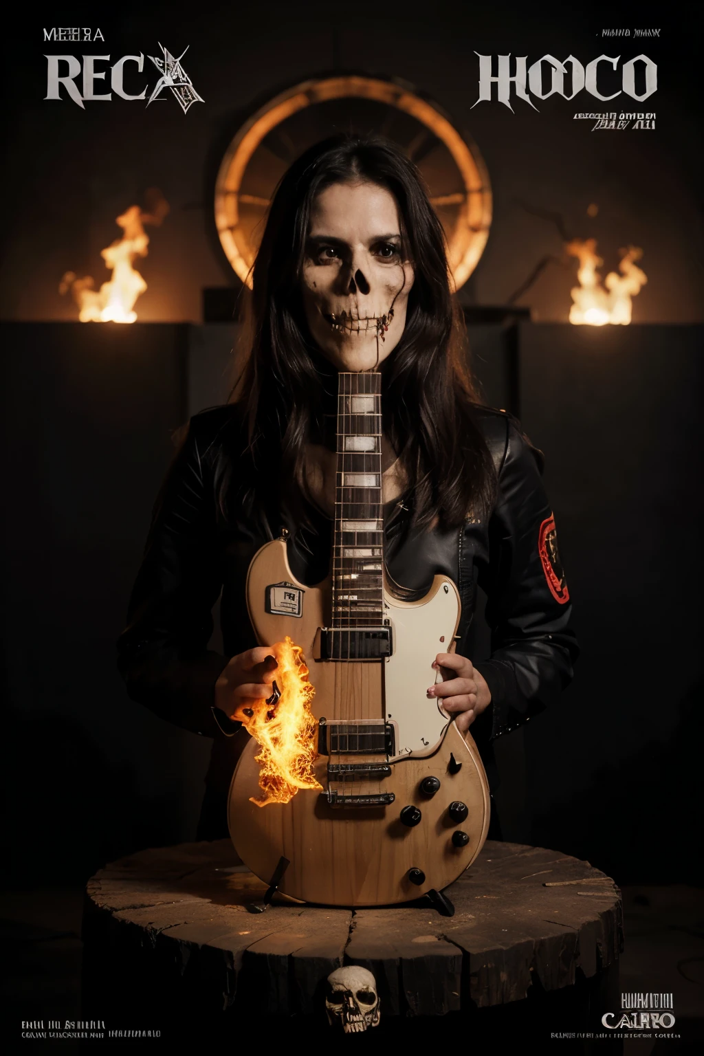 ((Mejor calidad)), ((obra maestra)), (detallado), cara perfecta, realista, portada de disco para solista de rock oscuro, skull, con humo  y poco fuego. 