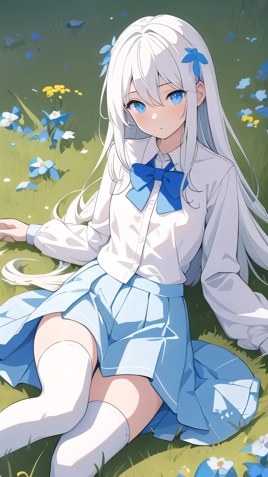 best quality, masterpiece, sunlight, high contrast, 1girl, solo, looking at viewer, relaxed, lying on grassland, long white hair, blue eyes, medium breasts, collared shirt, long sleeves, blue bowtie, white shirt, blue skirt, white thighhighs, white shoes, forget-me-not \(flower\), (hiten1:0.6) naked