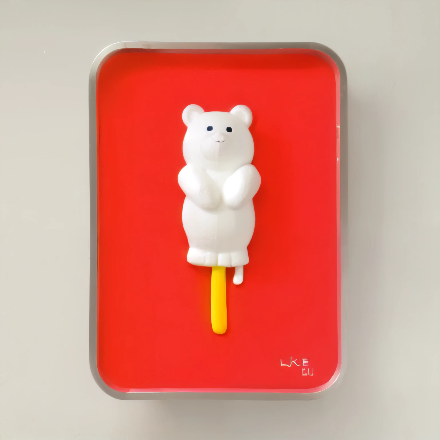 There is a little white bear on a yellow stick in a red tray, Bear gummy, lollipop, Made by Lollypops, (((Luke Chueh))), inspired by Okada Hanko, Inspired by Leo Luppi, sofubi, lollipops, Art Toys, Made of candy and candy, room, melting, Inspired by Jeff Koons