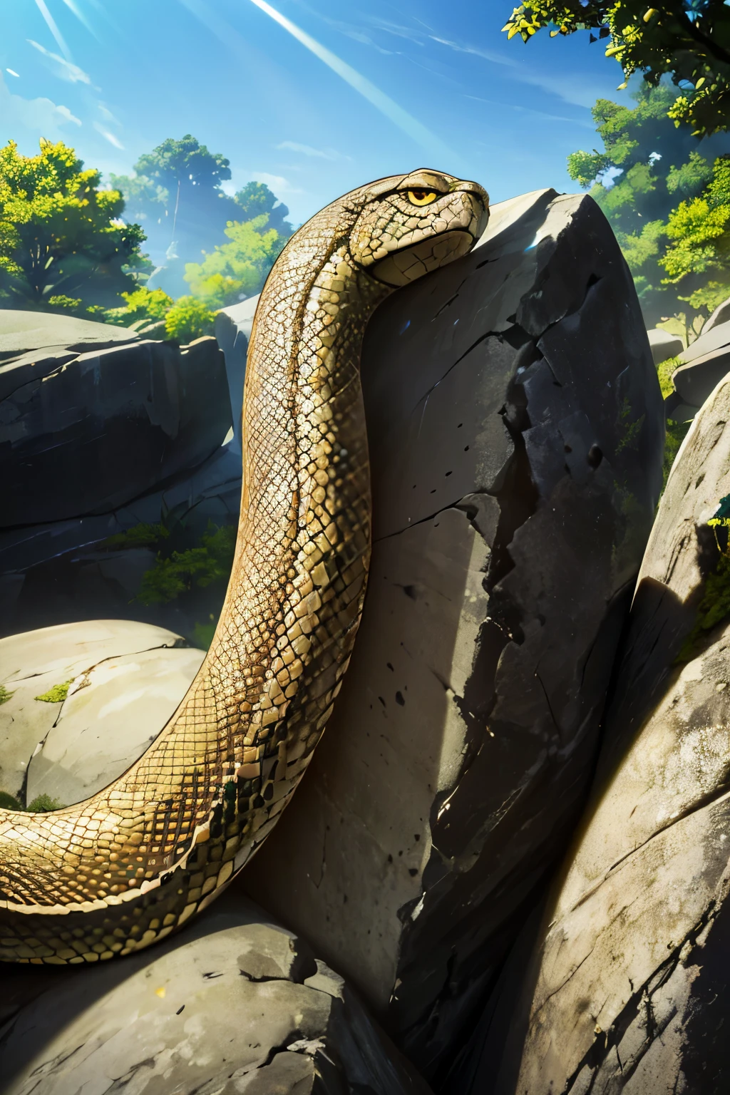 ((snake, emerges, big boulder, crevice, intriguing, mysterious, High definition, Ultra HD, Ultra-detailed, textured, Realistic, Cinematic, 8K, Nature, Wildlife, Slim scaled, Agile, Serpentine, Masterpiece, Fascinating, Vertical shot, Close up, Sunlight filter))
A snake emerges from the crevice of a big boulder, its slim, agile body slithering out in the intriguing sunlight. The snake's scales glisten in the sunlight, giving it a textured, realistic look that adds to its fascination. This captivating moment