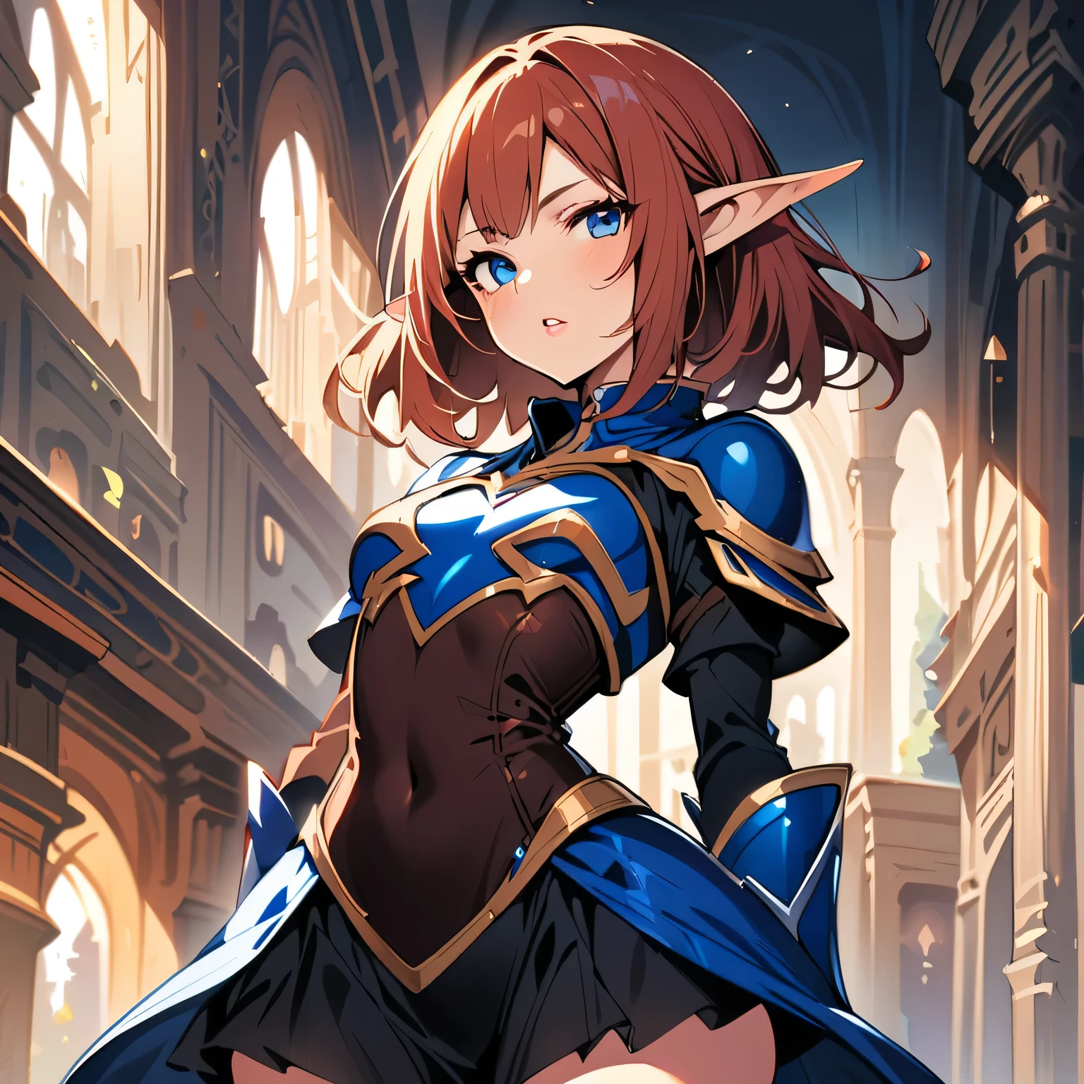 ((Masterpiece)) ((Perfect Face)) ((Beautiful)) ((Small Breasts)) ((Narrow Waist)) ((Wide Hips)) ((Elf Woman)) ((Fantasy Armor)) ((Split Skirt)) ((Auburn Hair)) ((Blue Eyes)) ((Full Lips)) ((Button Nose))