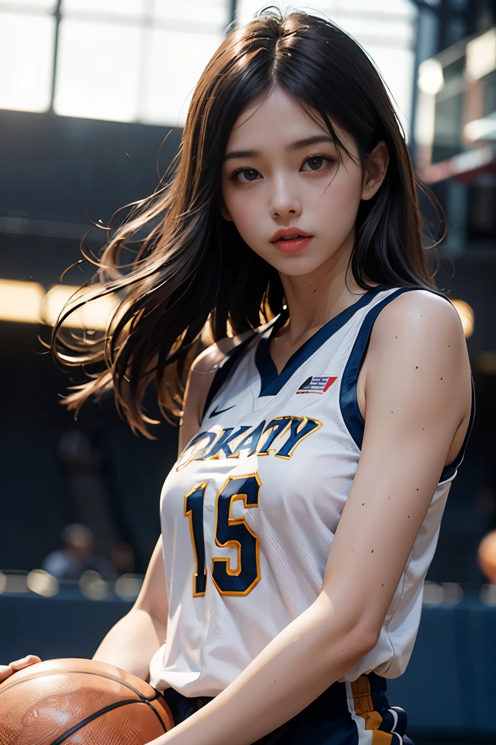 8 thousand, best quality, masterpiece: 1.2), (realistic, realistic: 1.37), very detailed, best quality, ultra high resolution, professional lighting, photon mapping, radio city, Physically Based Rendering, movie lights , Basketball courts, depth of field, Concentrate upon, sun rays, good composition, (bokeh: 1.2), 1 girl, (whole body), (closed mouth), beautiful eyes, pose, constriction, basketball uniform, black hair , messy hair, long hair blowing in the wind,(Ulzzang-6500:1.2) mix 4, hiqcgbody, big bust, A little sexy outfit, clothes:random color,