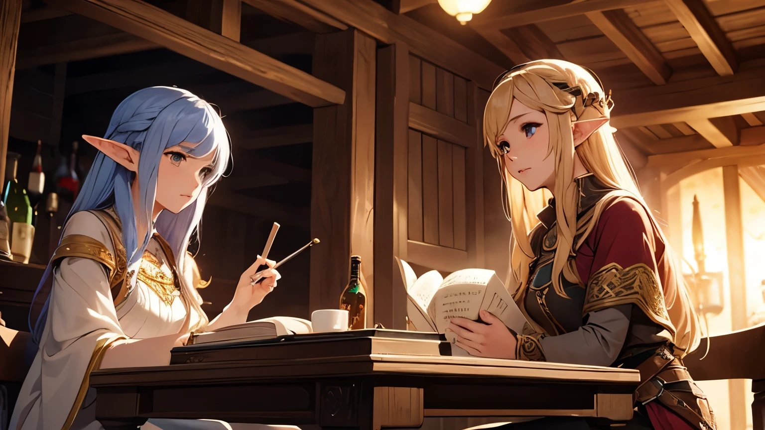 1 female bard、lute、Narration、elf、sitting in a chair、whole body、western bar、Western fantasy RPG