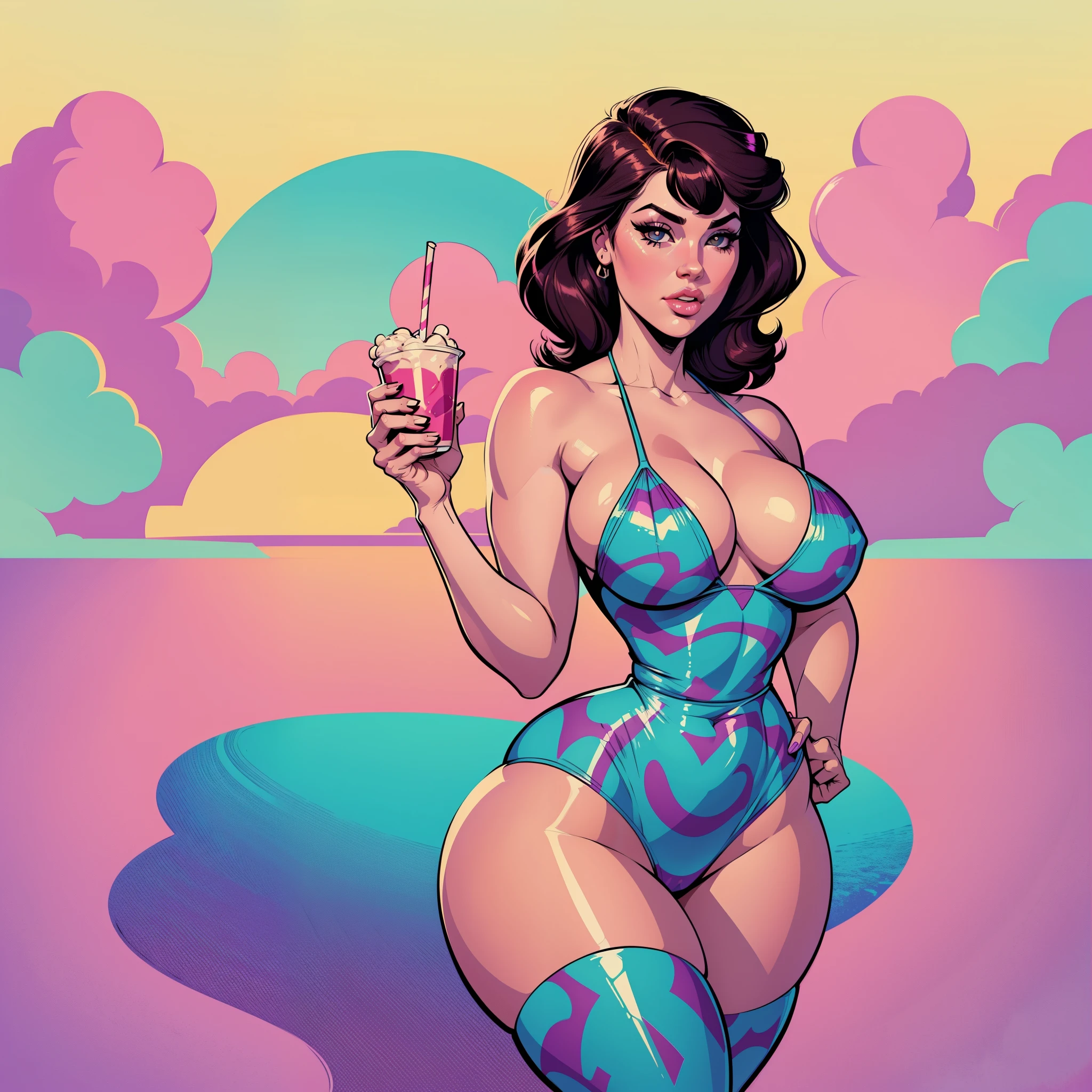 Young girl, 80s fashion appearance, in style of digital illustration, pinup art, lois van rossdraws, artstyle : ilya kuvshinov, deviantart artstation cgscosiety, stunning digital illustration, soda themed girl, beautiful retro art, jen bartel, milkshake, matte digital illustration, glossy digital painting, ((curvy body)) micro bikini