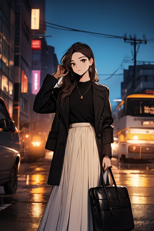 (ridiculous, High resolution, super detailed), masterpiece, best quality, 1 female,whole body,long hair, shirt,long skirt, Soft Face Features,look up,briefcase,Exploding hair expression. Bus stop in the background.
