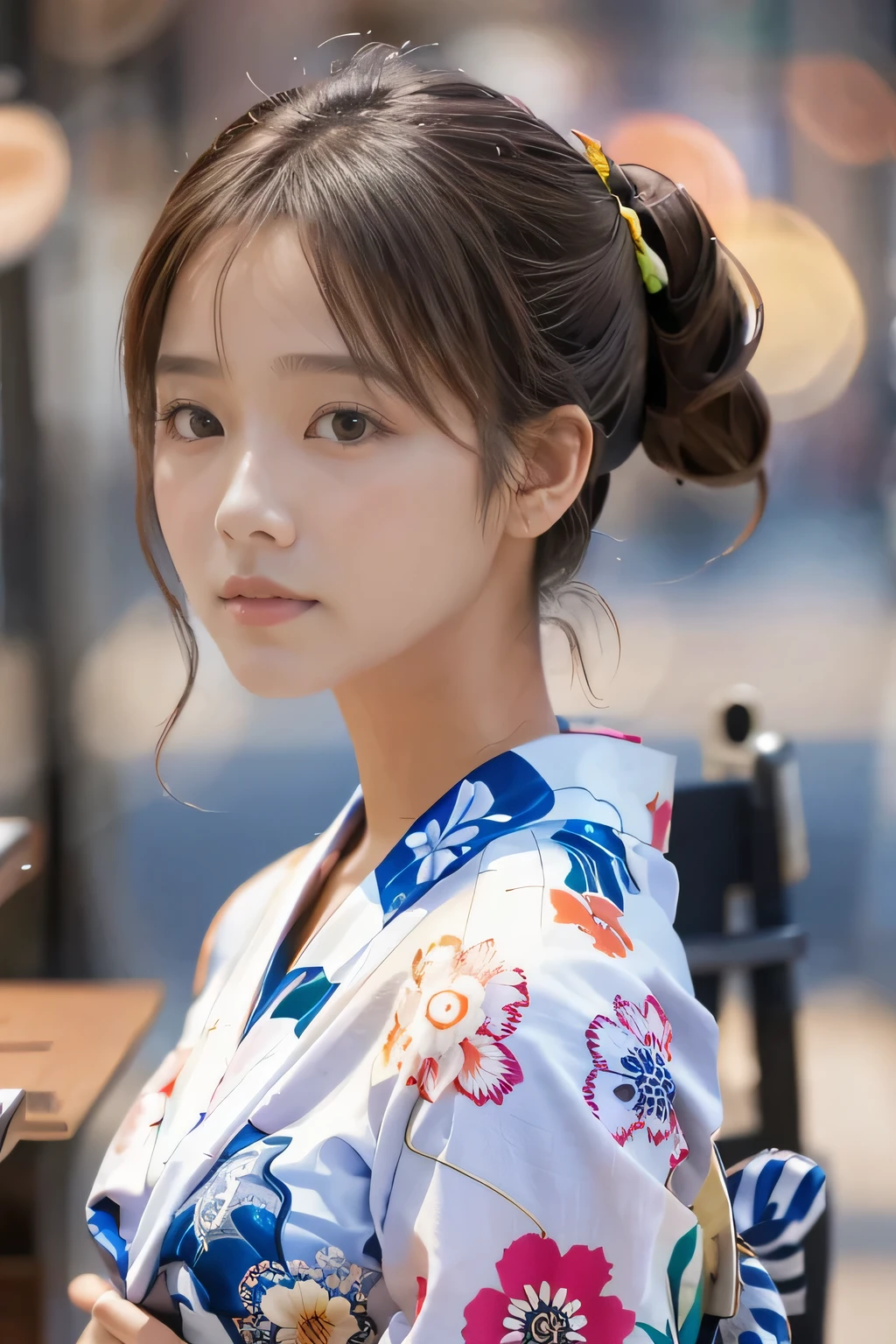 (table top, highest quality:1.4), beautiful face, 8K, 85mm, absurd, (floral pattern yukata:1.4), close up of face, violaces, gardenia, delicate girl, alone, night, looking at the viewer, Upper body, film grain, chromatic aberration, sharp focus, face light, professional lighting, Sophisticated, (smile:0.4), (simple background, background bokeh:1.2), Surface details,fireworks festival background、(Hair tied back in a ponytail:1.2)