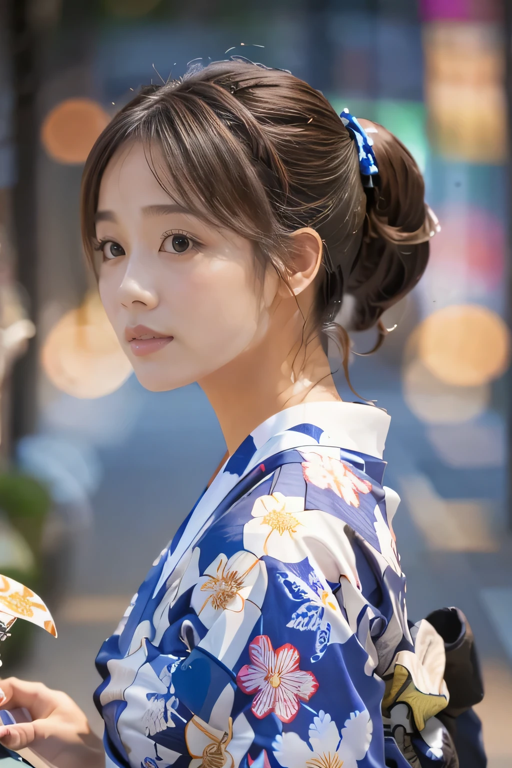 (table top, highest quality:1.4), beautiful face, 8K, 85mm, absurd, (floral pattern yukata:1.4), close up of face, violaces, gardenia, delicate girl, alone, night, looking at the viewer, Upper body, film grain, chromatic aberration, sharp focus, face light, professional lighting, Sophisticated, (smile:0.4), (simple background, background bokeh:1.2), Surface details,fireworks festival background、(Hair tied back in a ponytail:1.2)