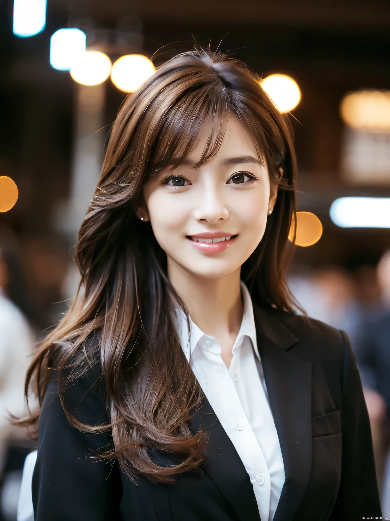 table top、highest quality、genuine、Super detailed、finely、High resolution、8k wallpaper、one beautiful woman、、、light brown disheveled hair、wearing a business suit、sharp focus、perfect dynamic composition、beautiful and detailed eyes、thin hair、Detailed genuine skin texture、smile、close-up portrait、model body shape、In Kyoto at night