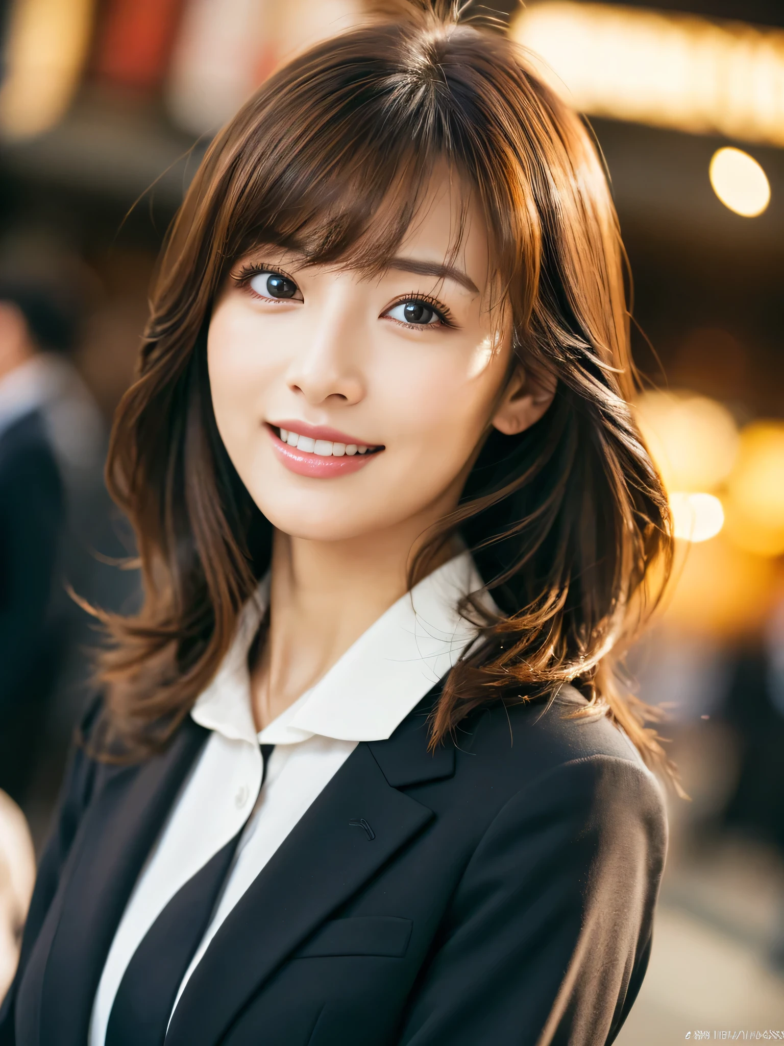 table top、highest quality、genuine、Super detailed、finely、High resolution、8k wallpaper、one beautiful woman、、、light brown disheveled hair、wearing a business suit、sharp focus、perfect dynamic composition、beautiful and detailed eyes、thin hair、Detailed genuine skin texture、smile、close-up portrait、model body shape、In Kyoto at night
