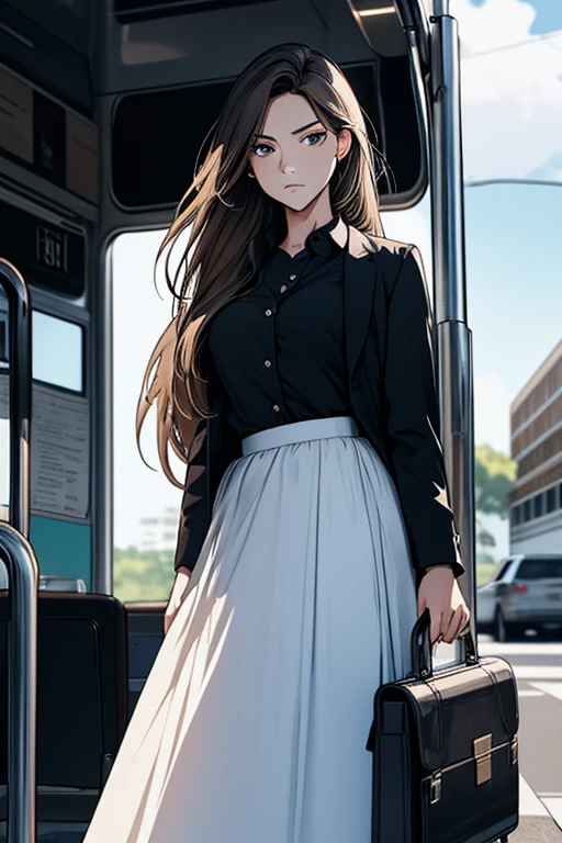 (ridiculous, High resolution, super detailed), masterpiece, best quality, 1 female，whole body，long hair, shirt，long skirt, Soft Face Features，look up，briefcase，angry expression. Bus stop in the background.