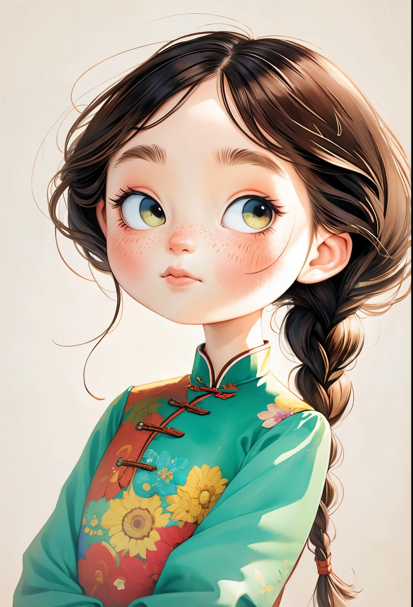 (masterpiece, best quality:1.2), watercolor painting，cartoonish character design。1 girl holding a cat, alone，big eyes，Cute expression，Two little braids，cheongsam，portrait，interesting，interesting，clean lines，Leave blank，
