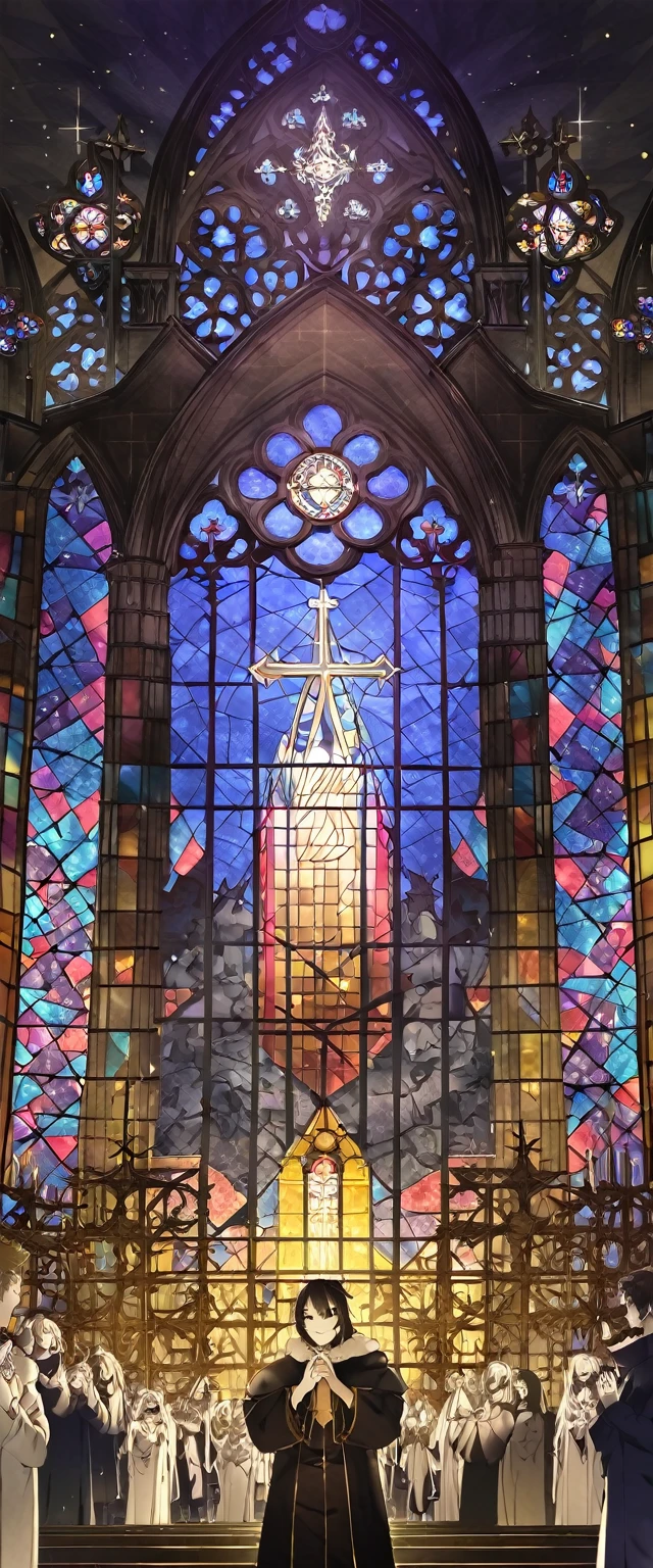 #quality(8k,wallpaper of extremely detailed CG unit, ​masterpiece, hight resolution, top-quality, top-quality real texture skin,hyper realisitic, digitial painting,increase the resolution,RAW photos，best qualtiy,highly detailed,the wallpaper), you can see the huge stained glass at huge gothic church,(at there many people now worshiping:1.8),#stained glass(so huge,geometric,baklit,so shiny,a beautiful angel is drawn,godlike stained glass),#background(in the huge church,huge stained glass,many people looks small from far away:1.8,),long shot,long view