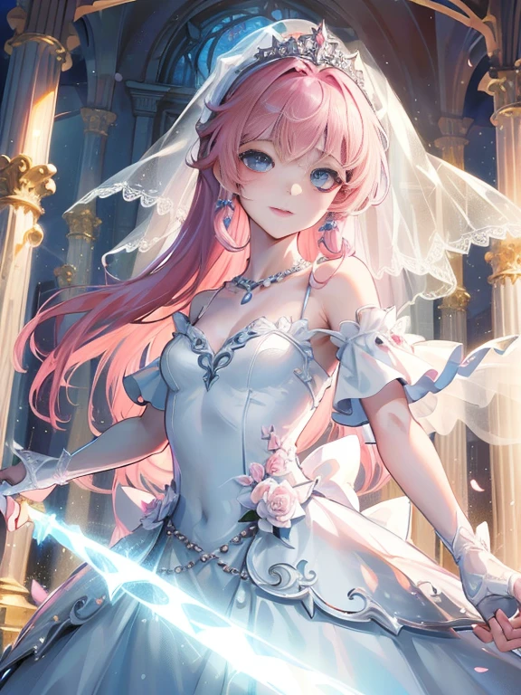 ((masterpiece)), (((highest quality)))), ((Super detailed)), ((figure)), small details, Ultra-high-definition CG unified 8k, High resolution, {Beautiful eyes in every detail}, small details, Beautiful eyes in every detail, Anning's illustrations, masterpiece, highest quality, beautiful face, shining eyes, front light, look at the audience, 1 girl, smile, cheerfulness, blissful, Beautifully decorated accessory necklace, 正面figure, (((Slope, pink, Light blue)), Wearing white off-the-shoulder wedding dress,Delicate lace and pearls decorate the shape of the flower, Stand on the steps of the church, Lighting up justice, glowing skin, posed for a photo, Light and wings come down from the sky , bright shades, The bride has a long veil, sparkling tiara, Double-sided bread, pink Long Hair, cheese,