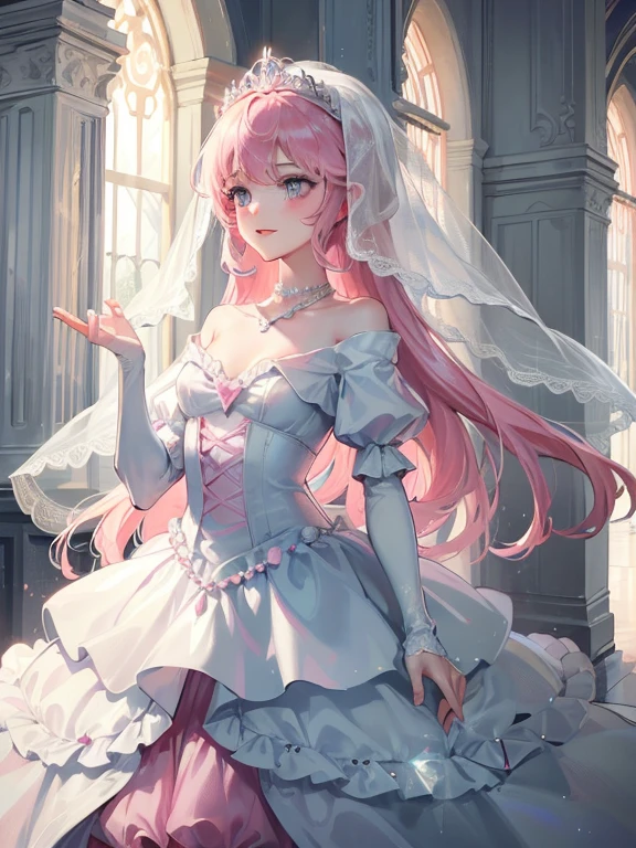 ((masterpiece)), (((highest quality)))), ((Super detailed)), ((figure)), small details, Ultra-high-definition CG unified 8k, High resolution, {Beautiful eyes in every detail}, small details, Beautiful eyes in every detail, Anning's illustrations, masterpiece, highest quality, beautiful face, shining eyes, front light, look at the audience, 1 girl, smile, cheerfulness, blissful, Beautifully decorated accessory necklace, 正面figure, (((Slope, pink, Light blue)), Wearing white off-the-shoulder wedding dress,Delicate lace and pearls decorate the shape of the flower, Stand on the steps of the church, Lighting up justice, glowing skin, posed for a photo, Light and wings come down from the sky , bright shades, The bride has a long veil, sparkling tiara, Double-sided bread, pink Long Hair, cheese,