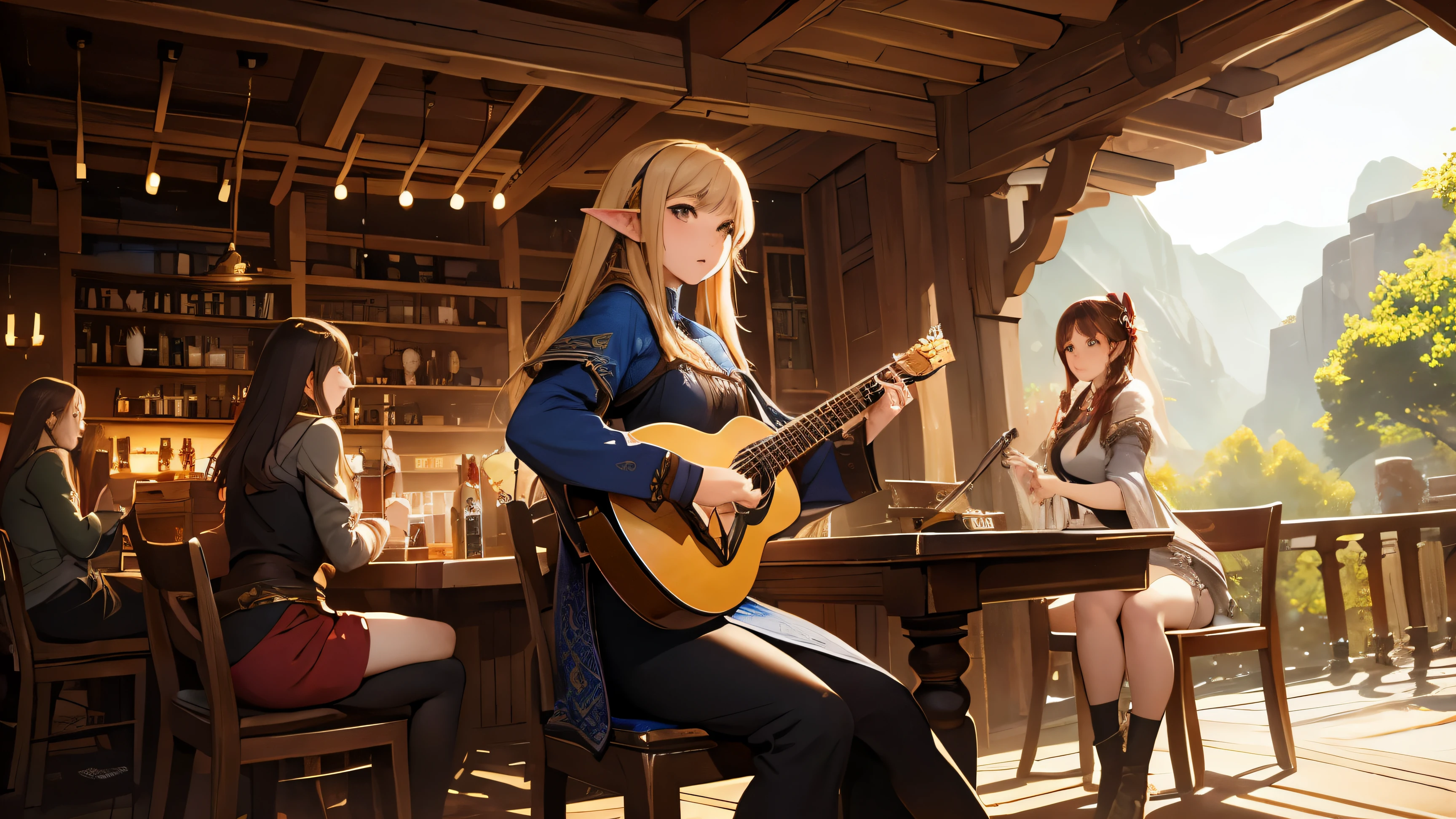 1 female bard、lute、Narration、elf、sitting in a chair、whole body、western bar、Western fantasy RPG