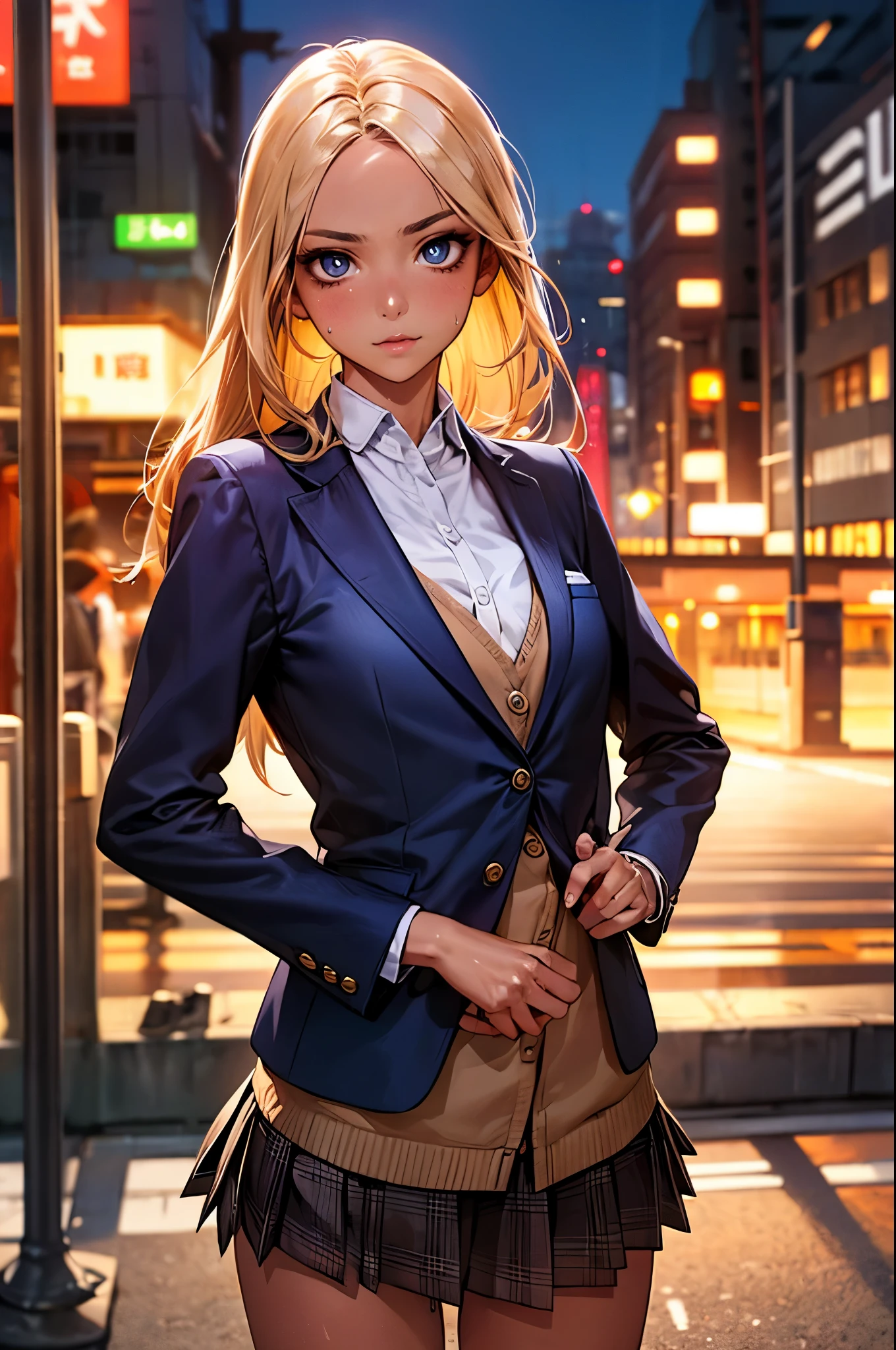 ((perfect anatomy:1.2,realistic:1.3,RAW Photography:1.3,masterpiece、highest quality、Ultra - High resolution、High resolution、Highly detailed CG、8K)),cowboy shot,1 female,solo,18-year-old、High school girl beautiful girl,Japanese,((beautiful detailed face and eyes:1.2,big gorgeous eyes:1.3,)),blonde hair,long hair,(center parted hair:1.4,forehead),medium breasts,slender body,small head:1.3,skinny,(brown skin:1.4),(oily skin,gleaming skin,shiny skin,sweat),(school uniform、Dark blue blazer jacket、plaid pleated mini skirt),standing,Shibuya Station、on street,neon、at night、Tokyo、