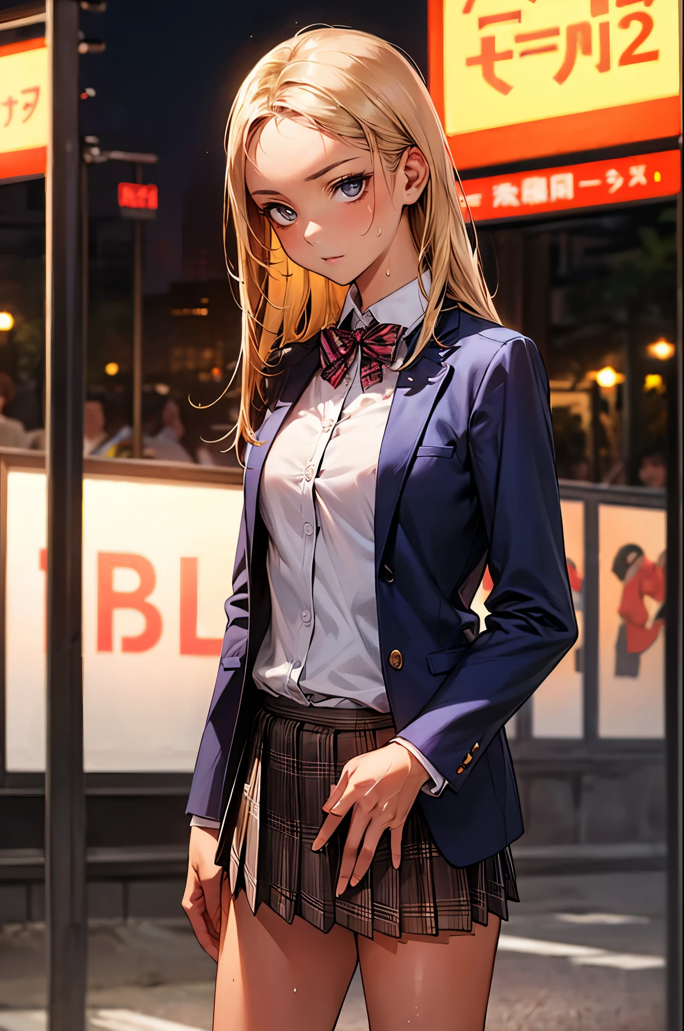 ((perfect anatomy:1.2,realistic:1.3,RAW Photography:1.3,masterpiece、highest quality、Ultra - High resolution、High resolution、Highly detailed CG、8K)),cowboy shot,1 female,solo,18-year-old、High school girl beautiful girl,Japanese,((beautiful detailed face and eyes:1.2,big gorgeous eyes:1.3,)),blonde hair,long hair,(center parted hair:1.4,forehead),medium breasts,slender body,small head:1.3,skinny,(brown skin:1.4),(oily skin,gleaming skin,shiny skin,sweat),(school uniform、Dark blue blazer jacket、plaid pleated mini skirt),standing,Shibuya Station、on street,neon、at night、Tokyo、