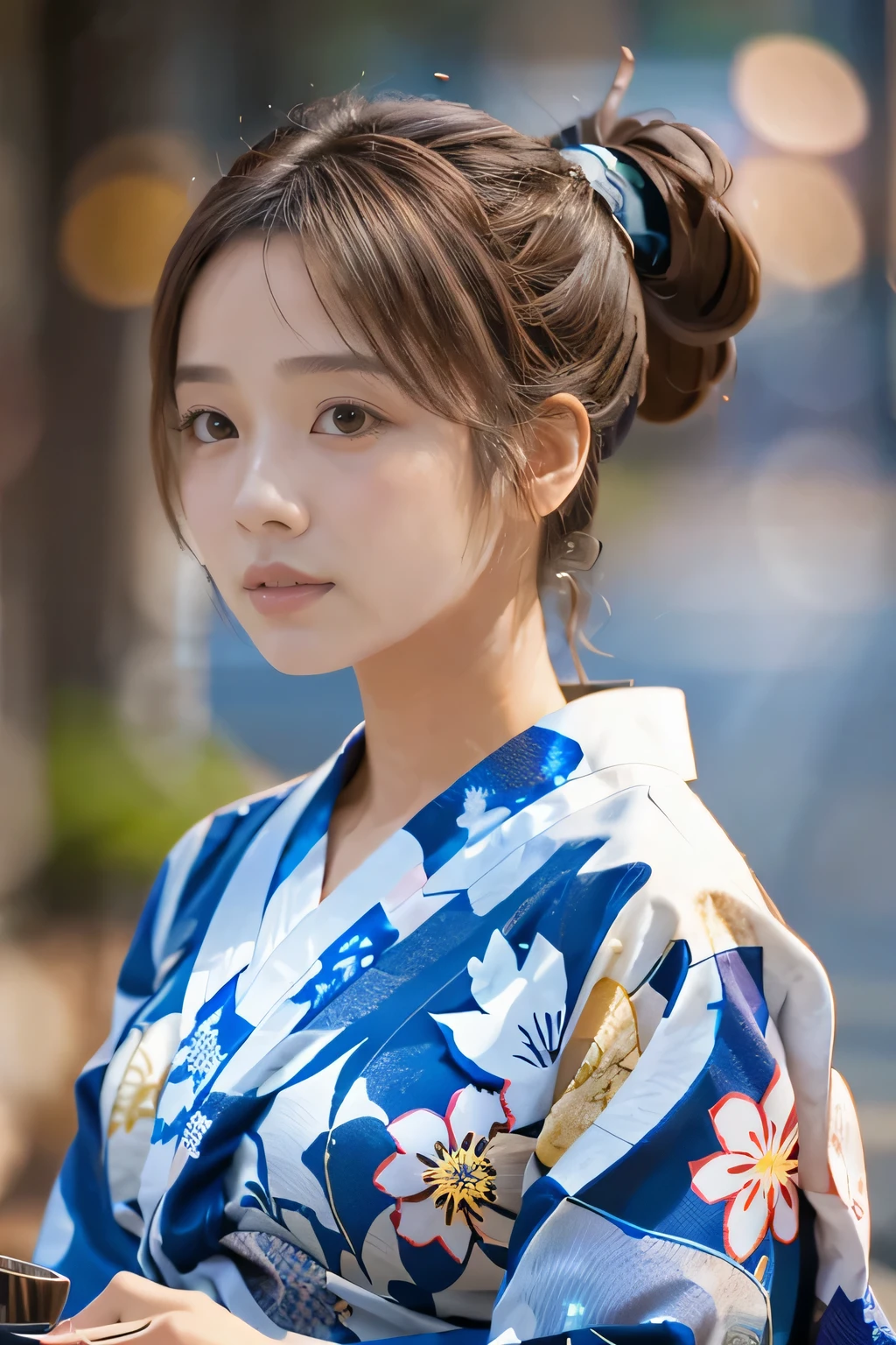 (table top, highest quality:1.4), beautiful face, 8K, 85mm, absurd, (floral pattern yukata:1.4), close up of face, violaces, gardenia, delicate girl, alone, night, looking at the viewer, Upper body, film grain, chromatic aberration, sharp focus, face light, professional lighting, Sophisticated, (smile:0.4), (simple background, background bokeh:1.2), Surface details,fireworks festival background、(Hair tied back in a ponytail:1.2)