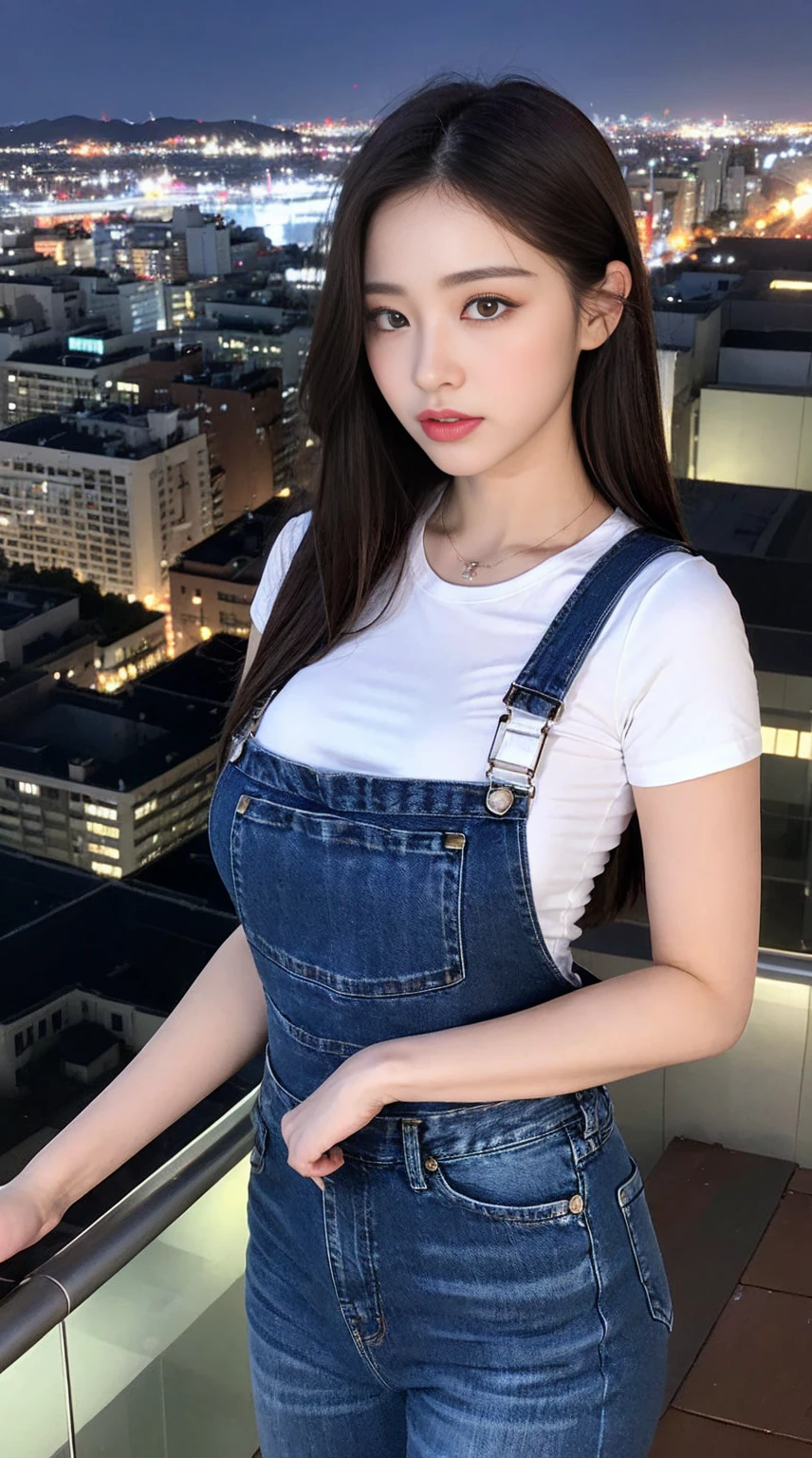 ((midnight, best quality, 8K, masterpiece :1.3)), whole body, long legs, sharp focus :1.2, beautiful woman,Perfect body :1.4, slim abs :1.1, ((Dark brown hair, big breasts :1.2)), (White tight T-shirt, overalls jeans, permanent:1.2), ((city night view, roof:1.3)), Highly detailed facial and skin textures, delicate eyes, double eyelids