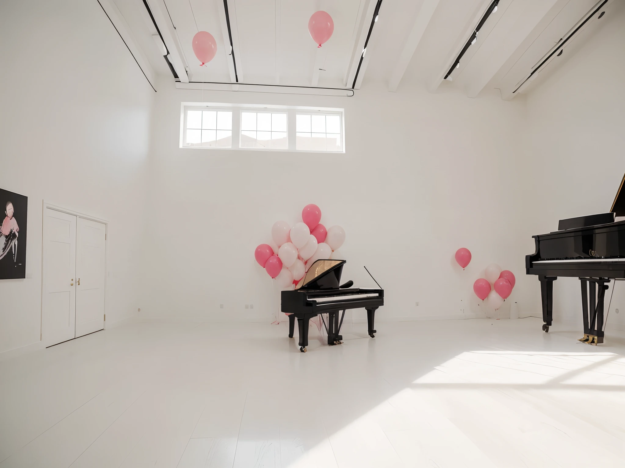 A black piano in the middle of a large, white empty room with a high ceiling, the walls are white, and the left wall has large windows, and many pink cream balloons come out from inside the piano towards the roof.