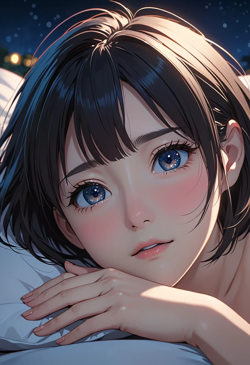 masterpiece, High resolution, illustration, kyoto animation style, Your name is cinematic style, night, midnight, Light, (1 female: 1.3), (alone: 1.4), long eyelashes, short bob, nose blushing, futon, lying down, naked, face close-up, Hide with hands , Hide with hands,