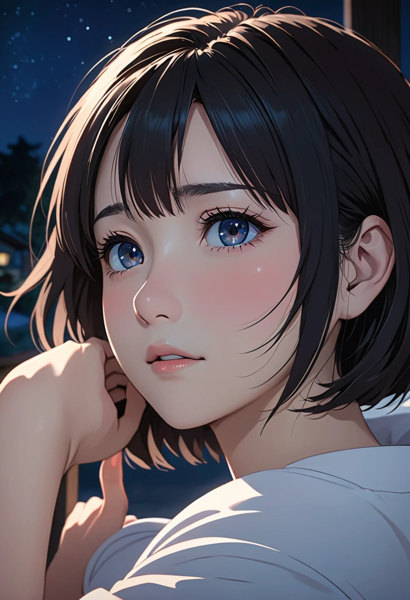 masterpiece, High resolution, illustration, kyoto animation style, Your name is cinematic style, night, midnight, Light, (1 female: 1.3), (alone: 1.4), long eyelashes, short bob, nose blushing, futon, lying down, naked, face close-up, Hide with hands , Hide with hands,