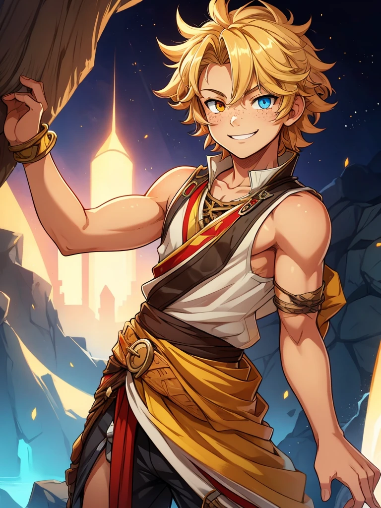 young, smile, bright eyed, playful, boy, solo, wild hair, sandy blonde hair, tousled wild hair, tanned skin, freckles, lithe, heterochromia, wild boy, one red eye, one yellow eye, detailed eyes, loose clothes, fantasy outfit, sleeveless, asymmetric