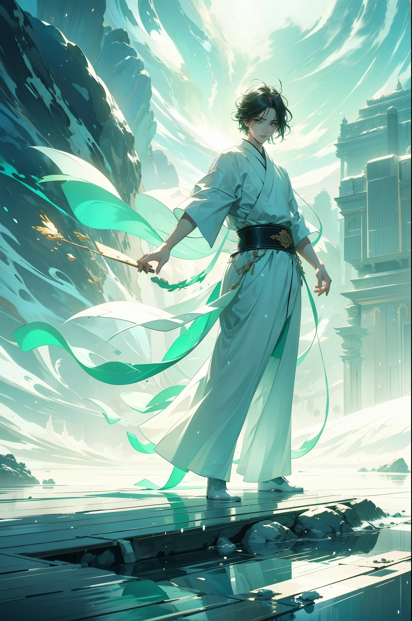 Green and white main colors,minimalist,Graphical,Oriental Wonders,Lots of white space,grace,wonderland,dream,Ultra-clear brushstrokes,lakeside,foggy,Separation of heaven and earth,The sky is red,The ground is white and gray,Super grand view,Super scene,flat illustration,poster,