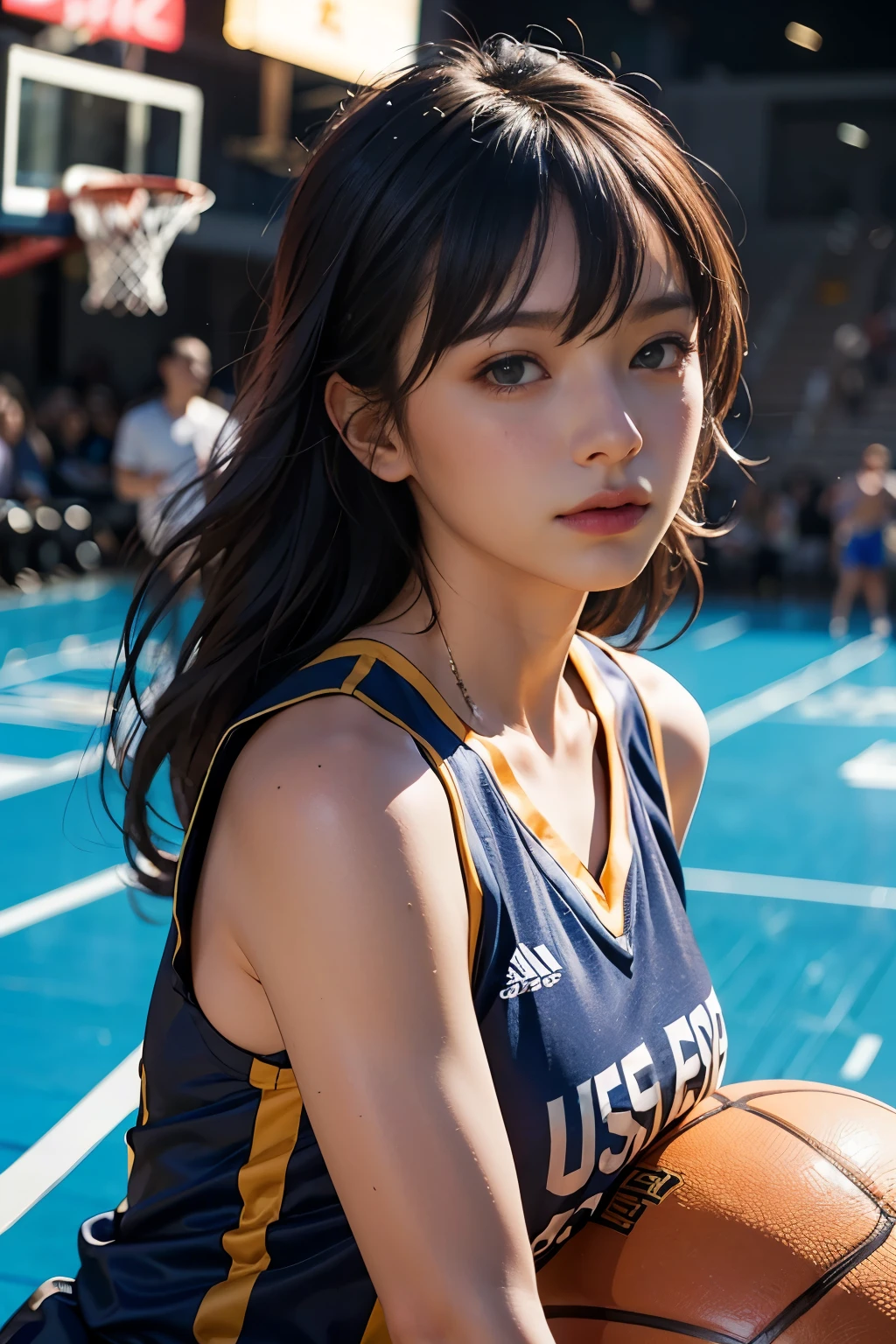 8 thousand, best quality, masterpiece: 1.2), (realistic, realistic: 1.37), very detailed, best quality, ultra high resolution, professional lighting, photon mapping, radio city, Physically Based Rendering, movie lights , Basketball courts, depth of field, Concentrate upon, sun rays, good composition, (bokeh: 1.2), 1 girl, (whole body), (closed mouth), beautiful eyes, pose, constriction, basketball uniform, black hair , messy hair, long hair blowing in the wind,(Ulzzang-6500:1.2) mix 4, hiqcgbody, big bust, A little sexy outfit, clothes:random color,