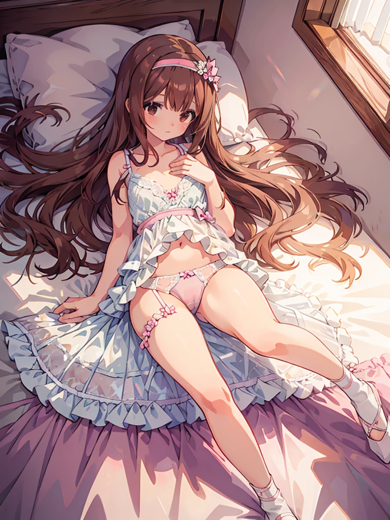 beautiful illustrations, highest quality, pretty girl, 1girl, Bedroom, pastel colour, (two-separated lingerie), reddish brown long hair, headband, cute lingerie, bright lighting