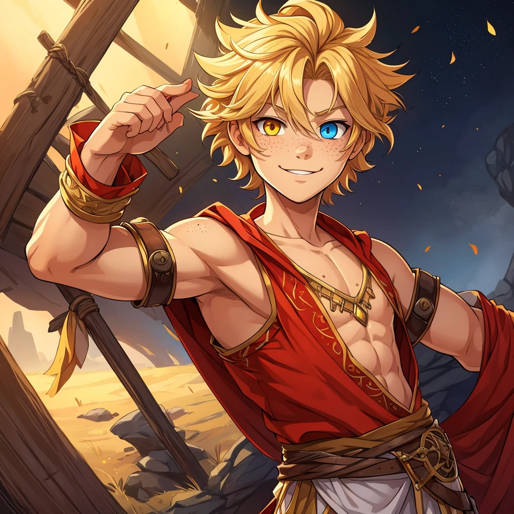 young, smile, bright eyed, playful, boy, solo, wild hair, sandy blonde hair, tousled wild hair, tanned skin, freckles, lithe, heterochromia, wild boy, one red eye, one yellow eye, detailed eyes, loose clothes, fantasy outfit, sleeveless, symmetrical