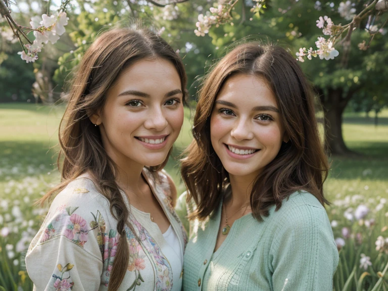 (best quality, highres, ultra-detailed, realistic), (photography, portraits), (vibrant colors), (soft natural lighting), (spring vibes), (green grass, blooming flowers), (smiling faces, joyful expressions), (casual outfits, trendy style), (peaceful atmosphere)