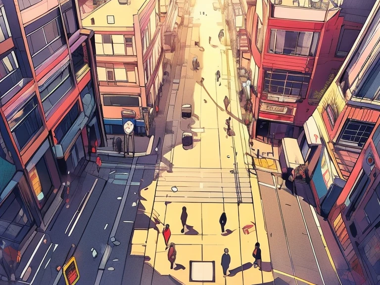 detailed drawing, cityscape with a bustling street scene in a bird's eye view. The left half of the panel should feature a tall building with yellow windows, while the right half should depict a busy intersection with people rushing about. The sunlight should be bright, casting long shadows on the streets. Use bold lines and curved shapes for a stylized effect.