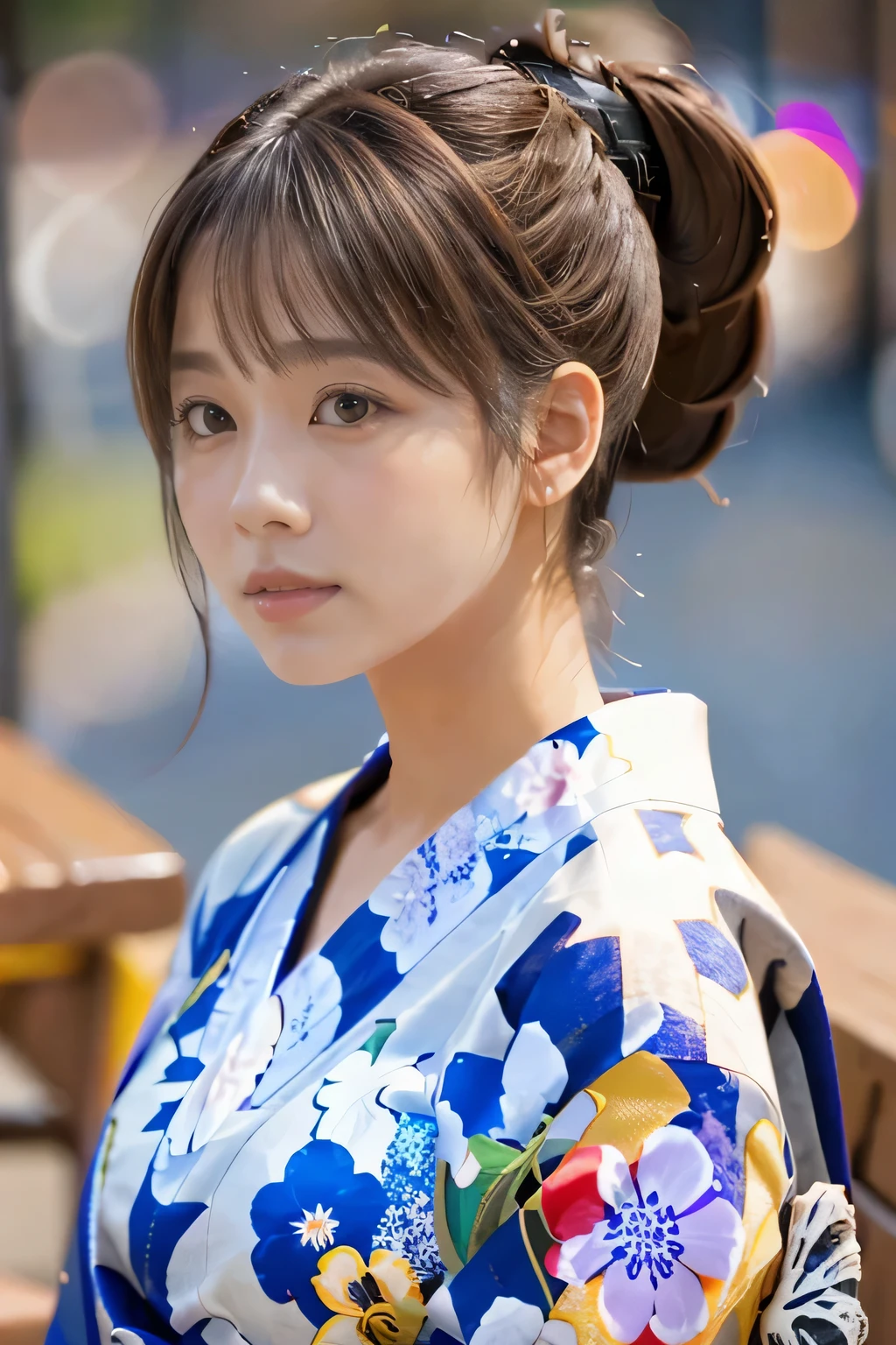 (table top, highest quality:1.4), beautiful face, 8K, 85mm, absurd, (floral pattern yukata:1.4), close up of face, violaces, gardenia, delicate girl, alone, night, looking at the viewer, Upper body, film grain, chromatic aberration, sharp focus, face light, professional lighting, Sophisticated, (smile:0.4), (simple background, background bokeh:1.2), Surface details,fireworks festival background、(Hair tied back in a ponytail:1.2)、Bangs hang on the forehead