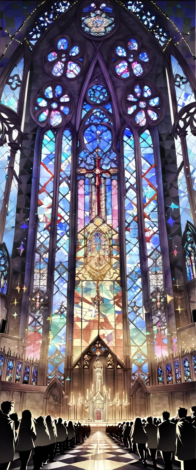 #quality(8k,wallpaper of extremely detailed CG unit, ​masterpiece, hight resolution, top-quality, top-quality real texture skin,hyper realisitic, digitial painting,increase the resolution,RAW photos，best qualtiy,highly detailed,the wallpaper), you can see the huge stained glass at huge gothic church,(at there many people now worshiping:1.8),#stained glass(so huge,geometric,baklit,so shiny,a beautiful angel is drawn,godlike stained glass),#background(in the huge church,huge stained glass,many people looks small from far away:1.8,),long shot,long view,from back:1.6