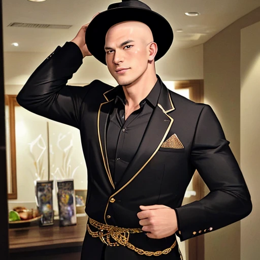 ((highest quality)), ((masterpiece)), (be familiar with), Perfect face Hollywood Zakoshi Show、Tin Kong Kan Kong、Tin Kong Kan Kongと叫びながら右往左往している。
His outfit、Barefoot in black briefs only、Wearing a black cowboy hat、He is of medium build and has a shaved head. He is 48 years old.