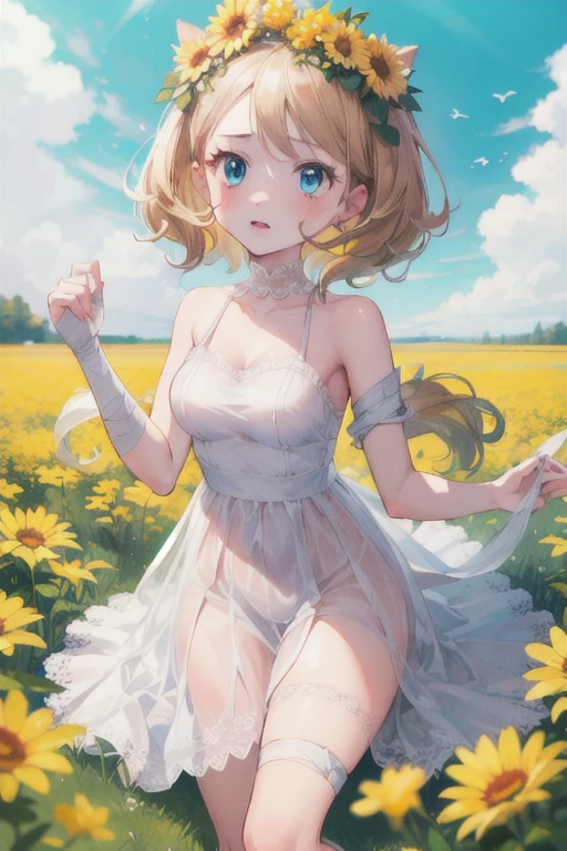 gonzarez, masterpiece, Serenaj, 1girl, solo, Indian dress, blue eyes, open mouth, blonde hair, outdoor, looking at viewers, day, sky, yellow flowers field, bandage on head,