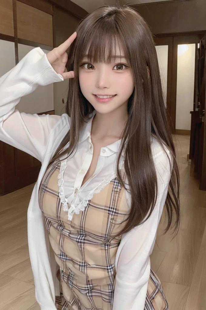 masterpiece, highest quality, High resolution,super detailed, amazingly beautiful woman,1人の girl, (美しいgirl, デリケートなgirl:1.3), (:1.4), break, (Casual dress with plaid pattern:1.3), break, extremely fine-grained clarity, (symmetrical eyes:1.3), break, (In town:1.3), break, small breasts, brown eyes, brown hair, girl, break, (Eye and face details:1.3),break,(A smile that shows white teeth:1.2),Waving hands pose,