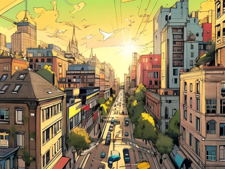 detailed drawing, cityscape with a bustling street scene in a bird's eye view. The left half of the panel should feature a tall building with yellow windows, while the right half should depict a busy intersection with people rushing about. The sunlight should be bright, casting long shadows on the streets. Use bold lines and curved shapes for a stylized effect.