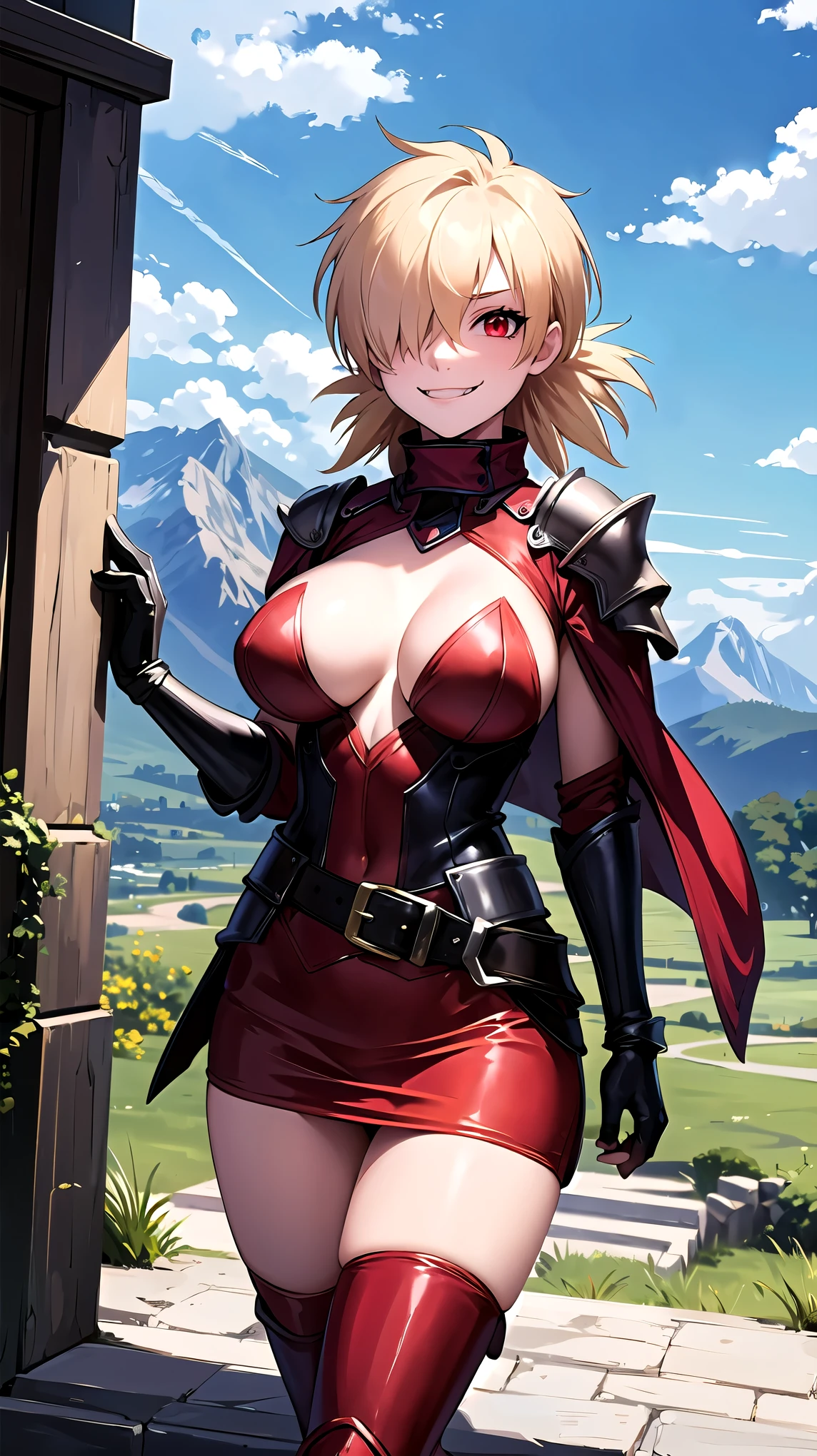 (masterpiece, best quality, detailed), 1girl, solo, seras victoria, hair over one eye, looking at viewer, 
armor, breastplate, armored dress, cape, gauntlets, shoulder armor, bodysuit, outdoors, mountain, castle, fantasy, scenery, sky, hands behind back, smirk, red eyes,  boob window, breast window, sexy